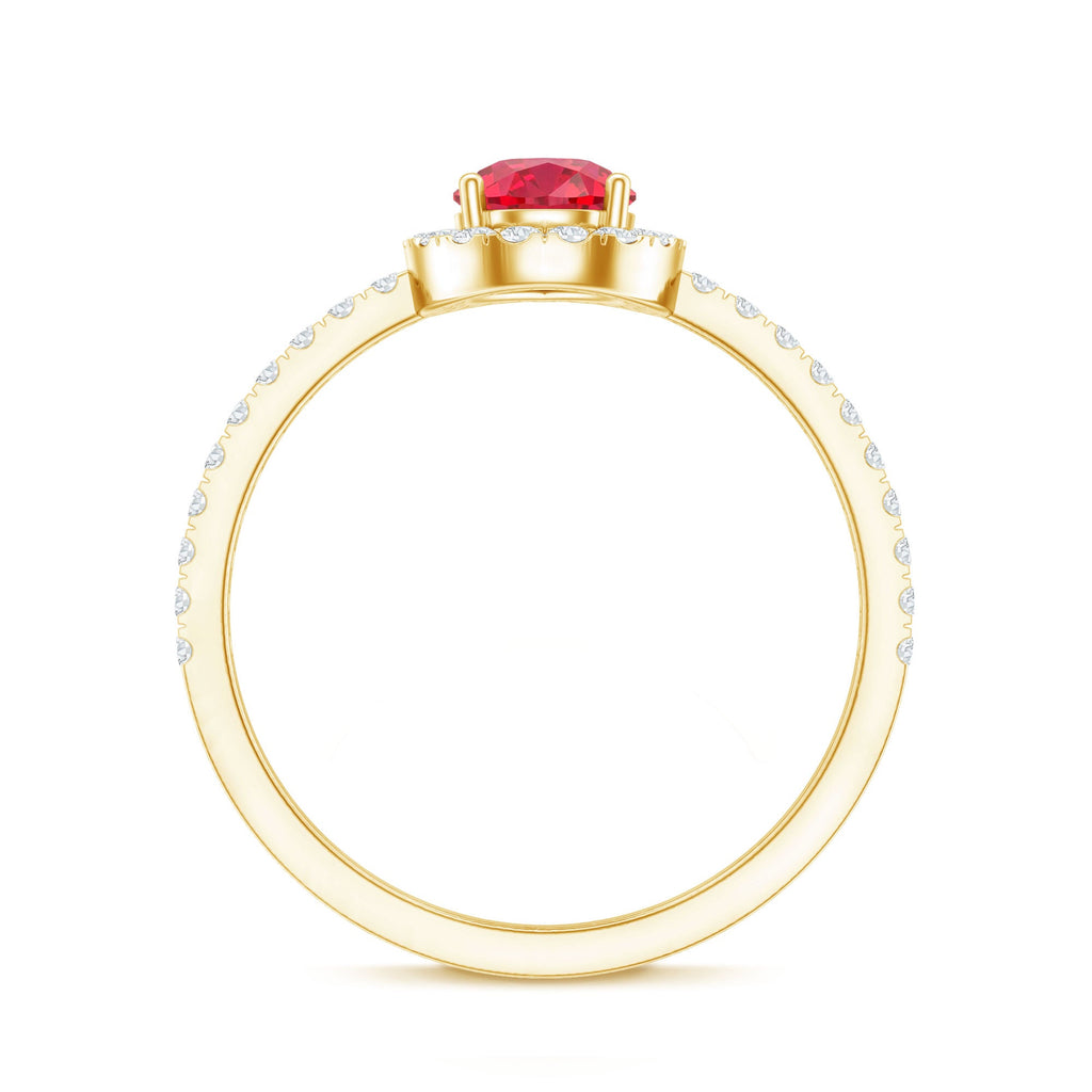 Lab Created Ruby Teardrop Halo Engagement Ring with Diamond