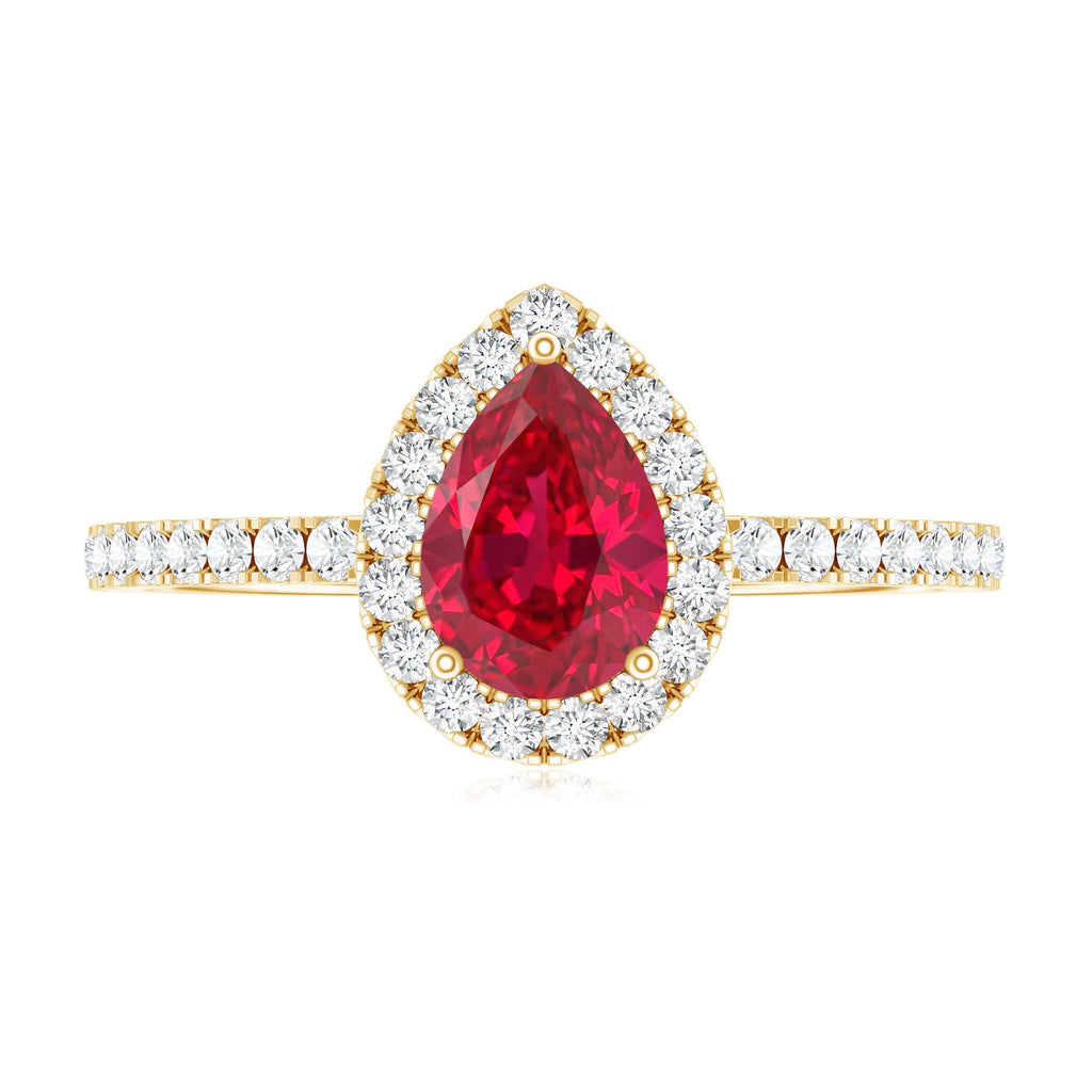 Lab Created Ruby Teardrop Halo Engagement Ring with Diamond