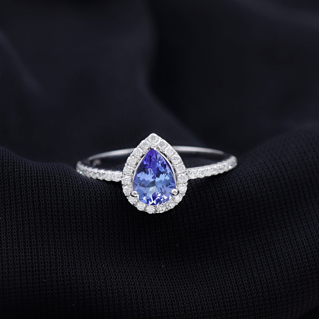 Real Pear Shape Tanzanite Teardrop Engagement Ring with Diamond Halo