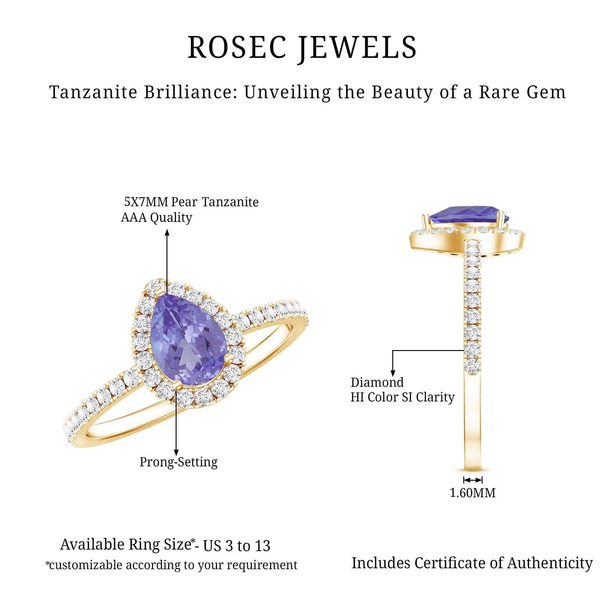 Real Pear Shape Tanzanite Teardrop Engagement Ring with Diamond Halo