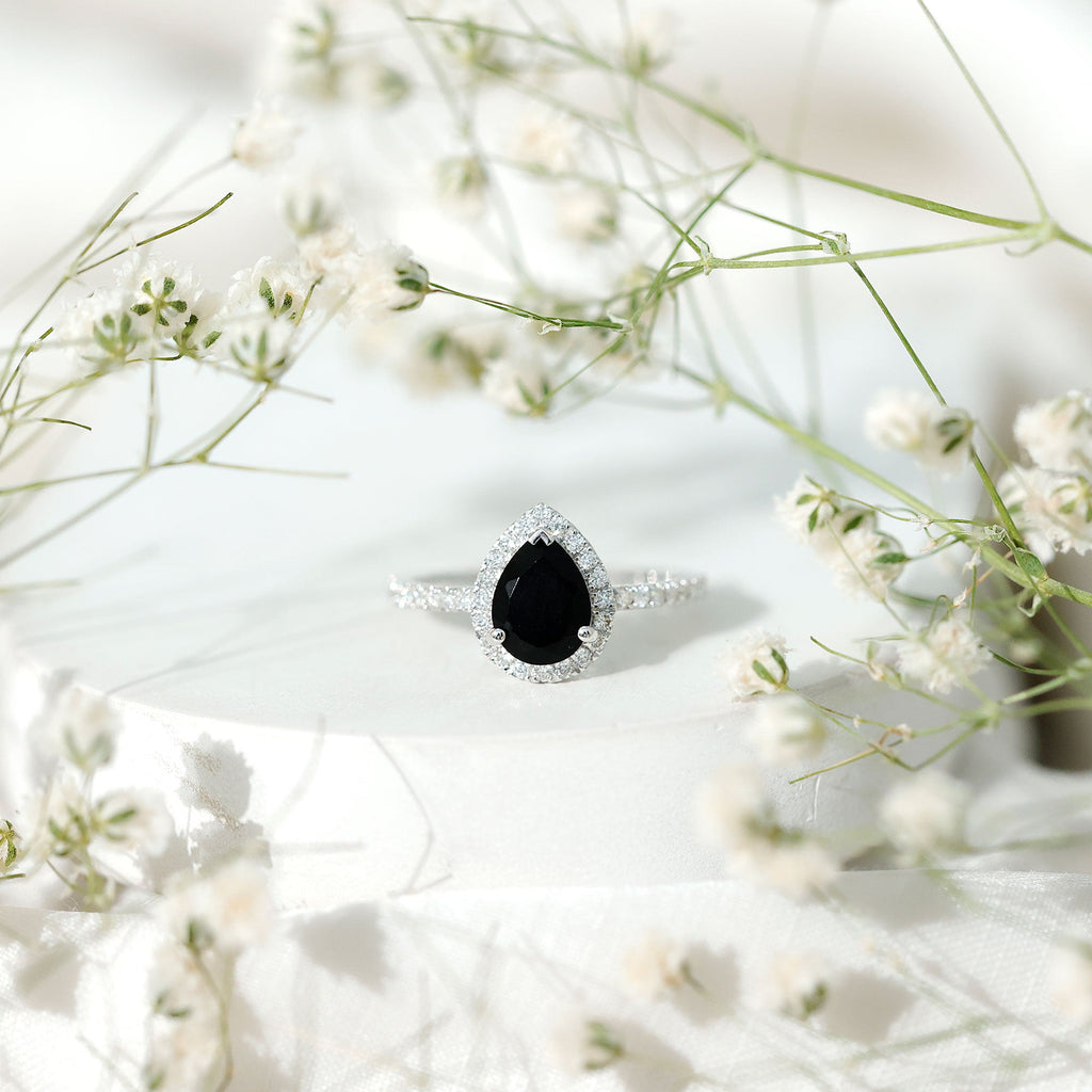 1 Carat Pear Shaped Black Onyx Engagement Ring with Real Diamond Halo