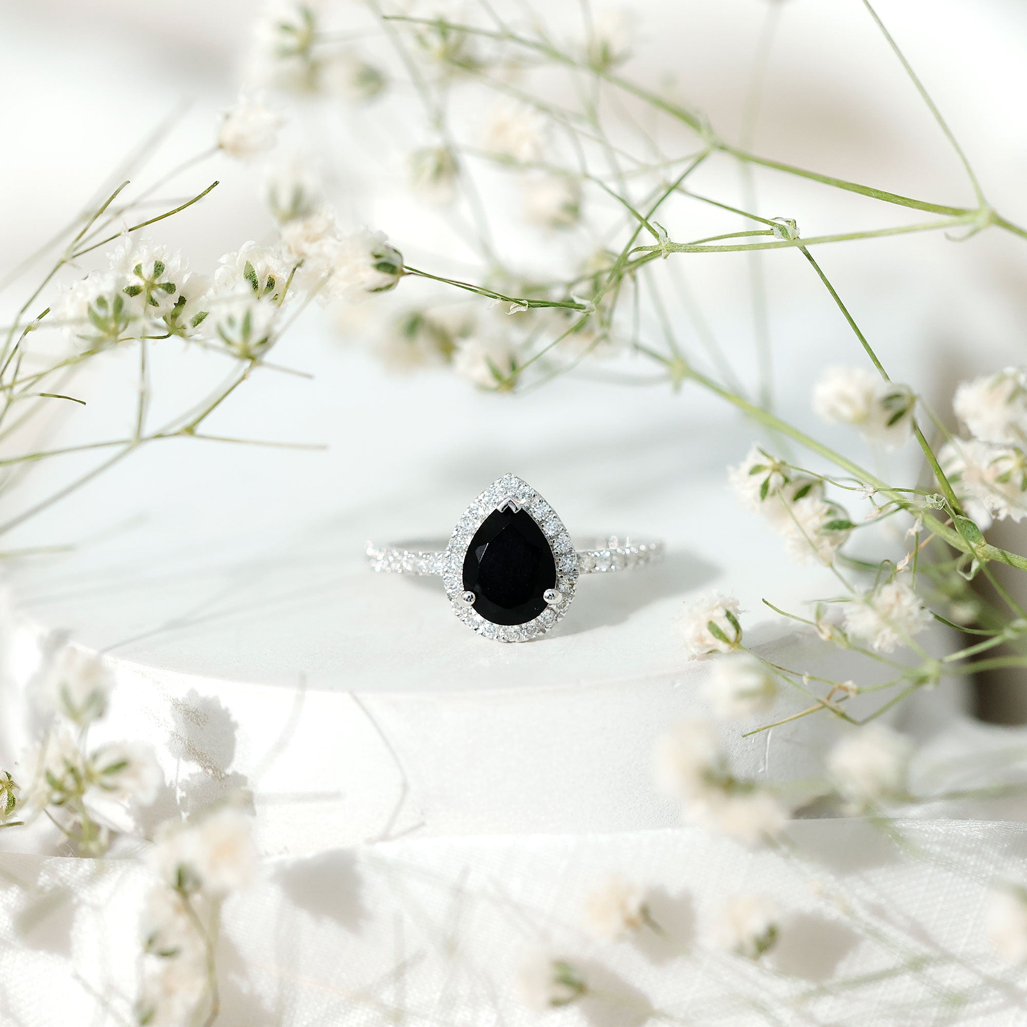 1 Carat Pear Shaped Black Onyx Engagement Ring with Real Diamond Halo
