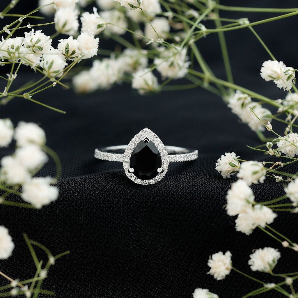 1 Carat Pear Shaped Black Onyx Engagement Ring with Real Diamond Halo