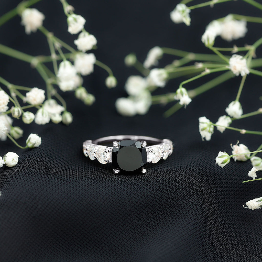 Certified 2.8 Carat Lab Grown Black Diamond Cushion Cut Engagement Ring with Side Stones
