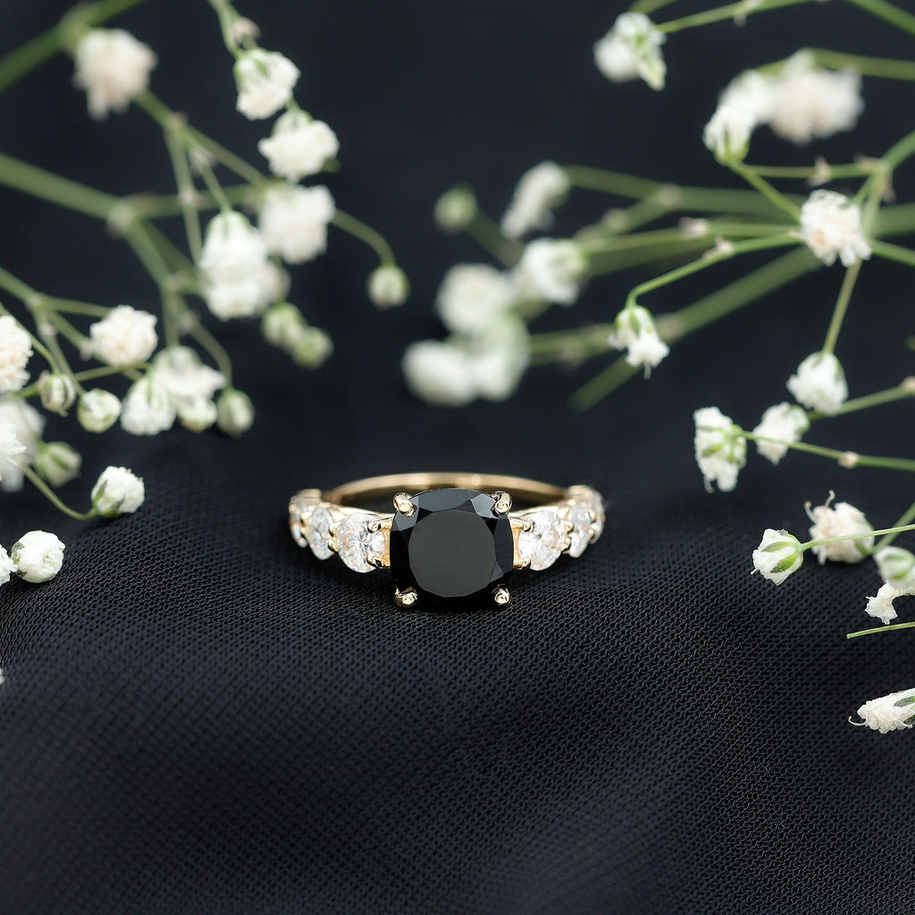 Certified 2.8 Carat Lab Grown Black Diamond Cushion Cut Engagement Ring with Side Stones