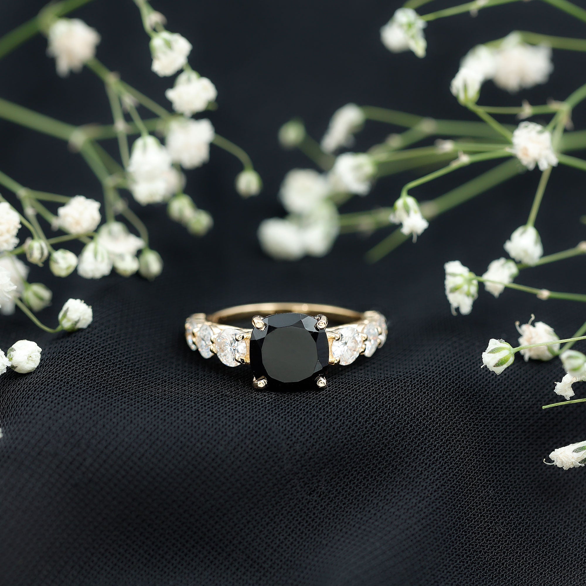 Certified 2.8 Carat Lab Grown Black Diamond Cushion Cut Engagement Ring with Side Stones
