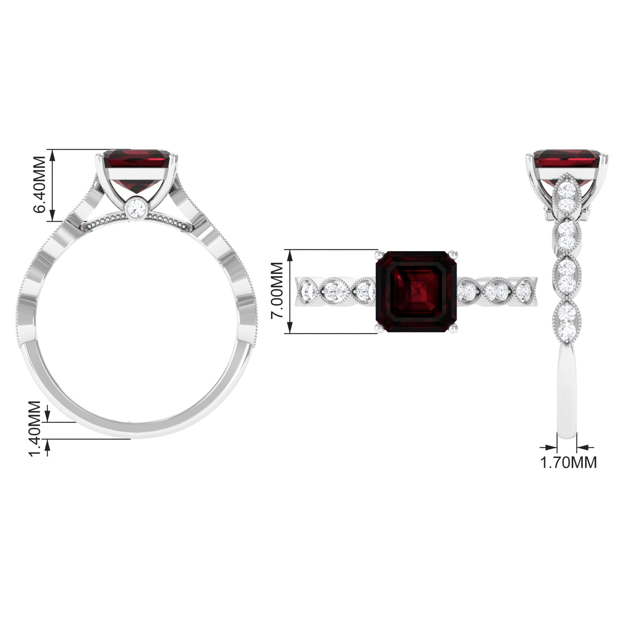 Real 3.3 Carat Asscher Cut Garnet Engagement Ring with Diamond