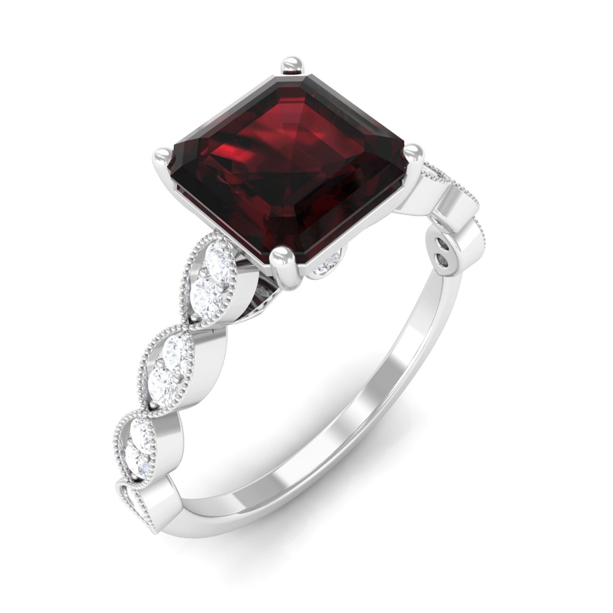 Real 3.3 Carat Asscher Cut Garnet Engagement Ring with Diamond