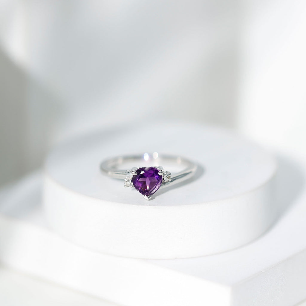 Real 0.9 Carat Amethyst Heart Engagement Ring with Diamond