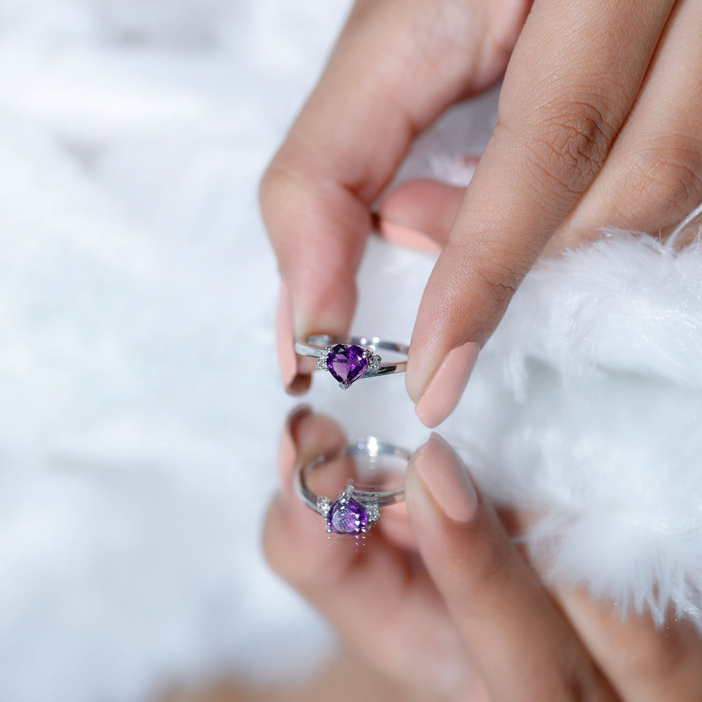 Real 0.9 Carat Amethyst Heart Engagement Ring with Diamond