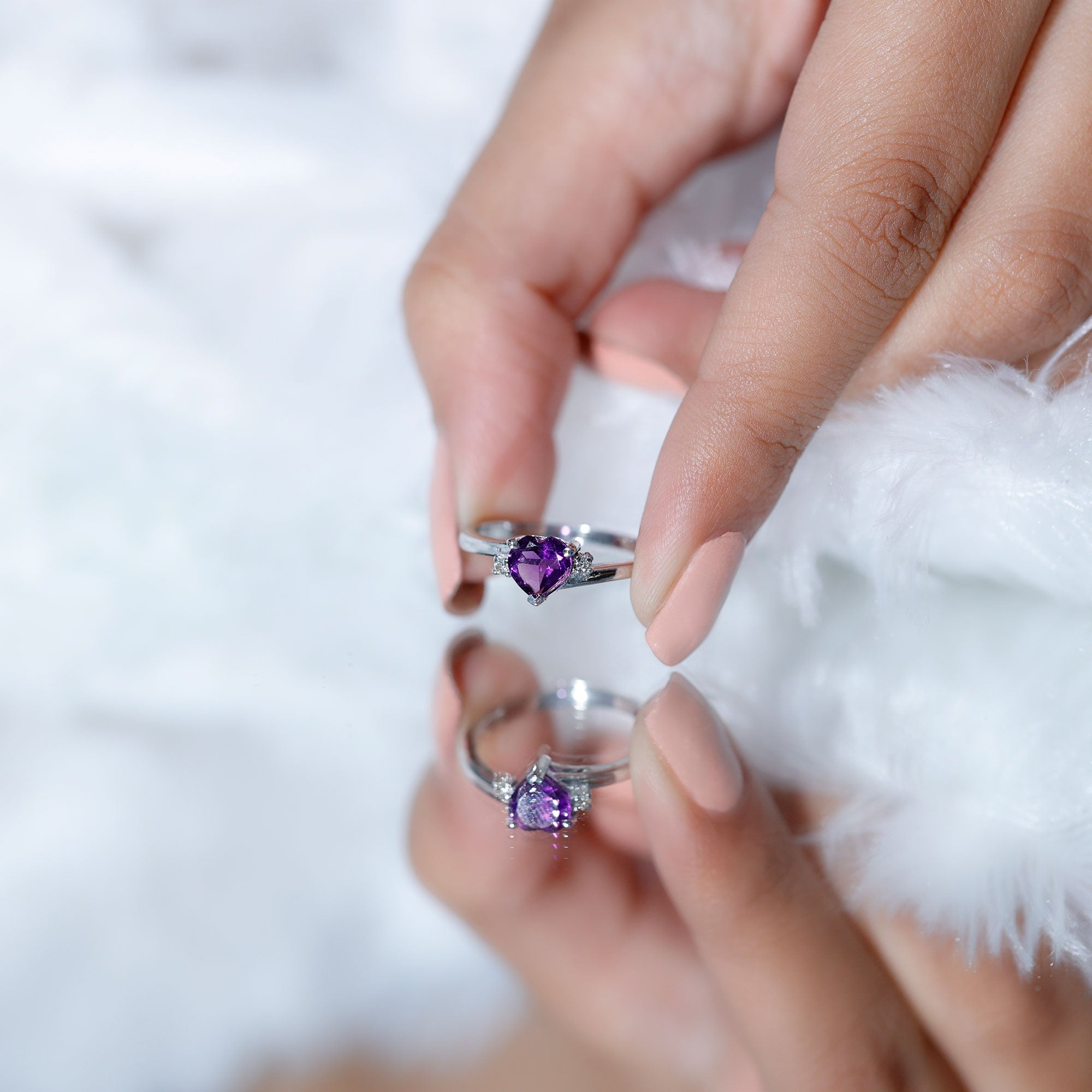 Real 0.9 Carat Amethyst Heart Engagement Ring with Diamond