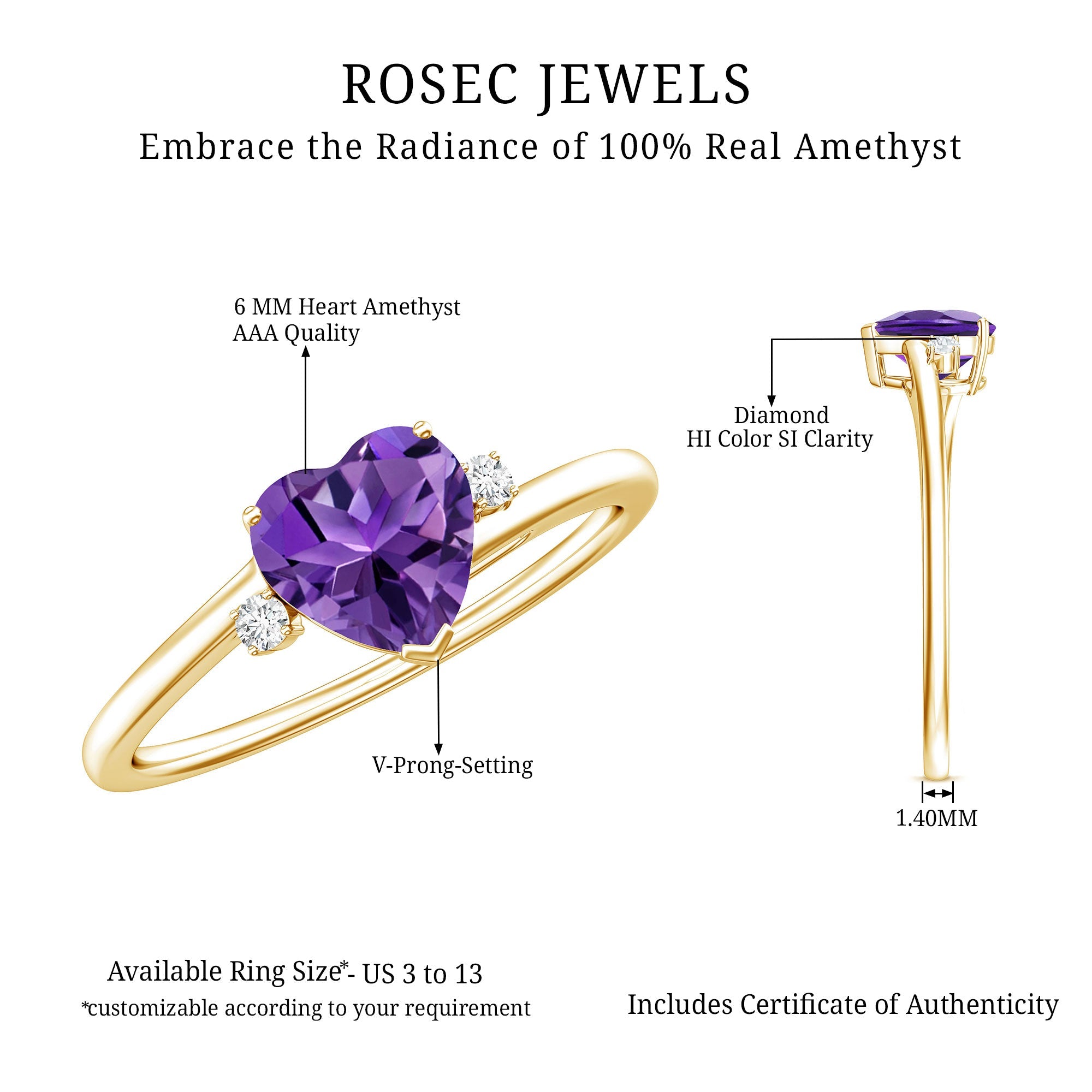 Real 0.9 Carat Amethyst Heart Engagement Ring with Diamond