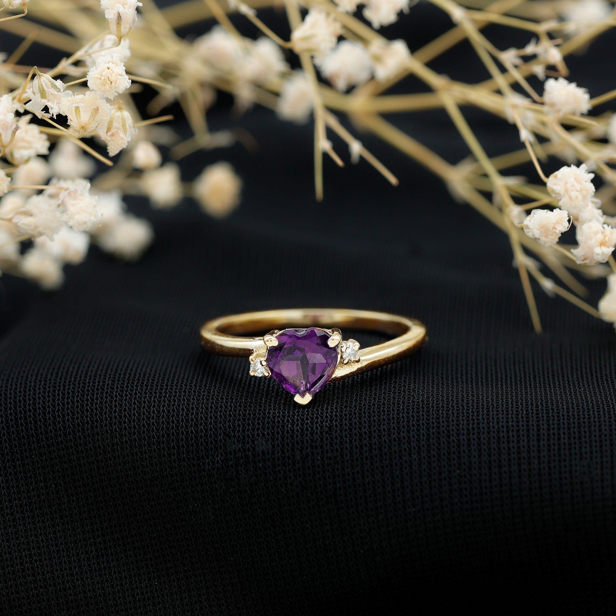 Real 0.9 Carat Amethyst Heart Engagement Ring with Diamond