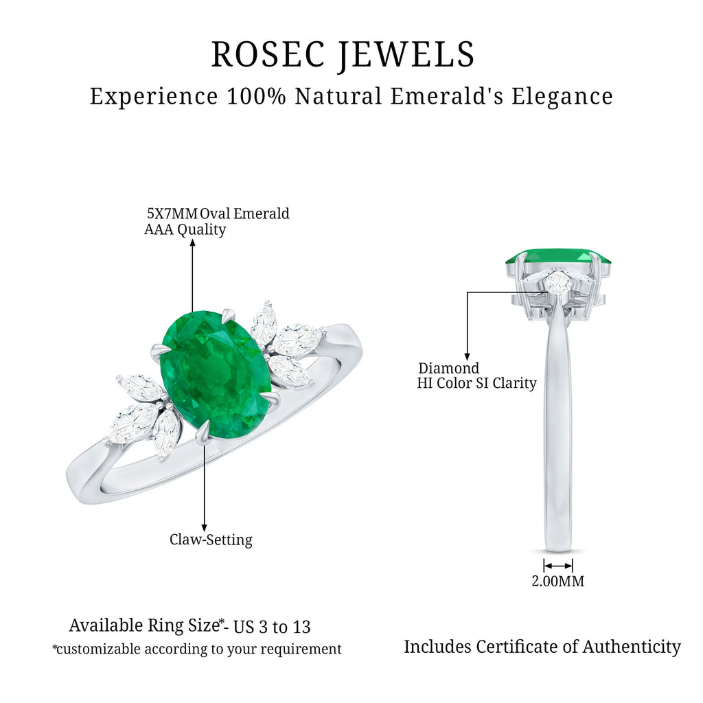 Oval Shaped Emerald Engagement Ring with Marquise Diamond Trio