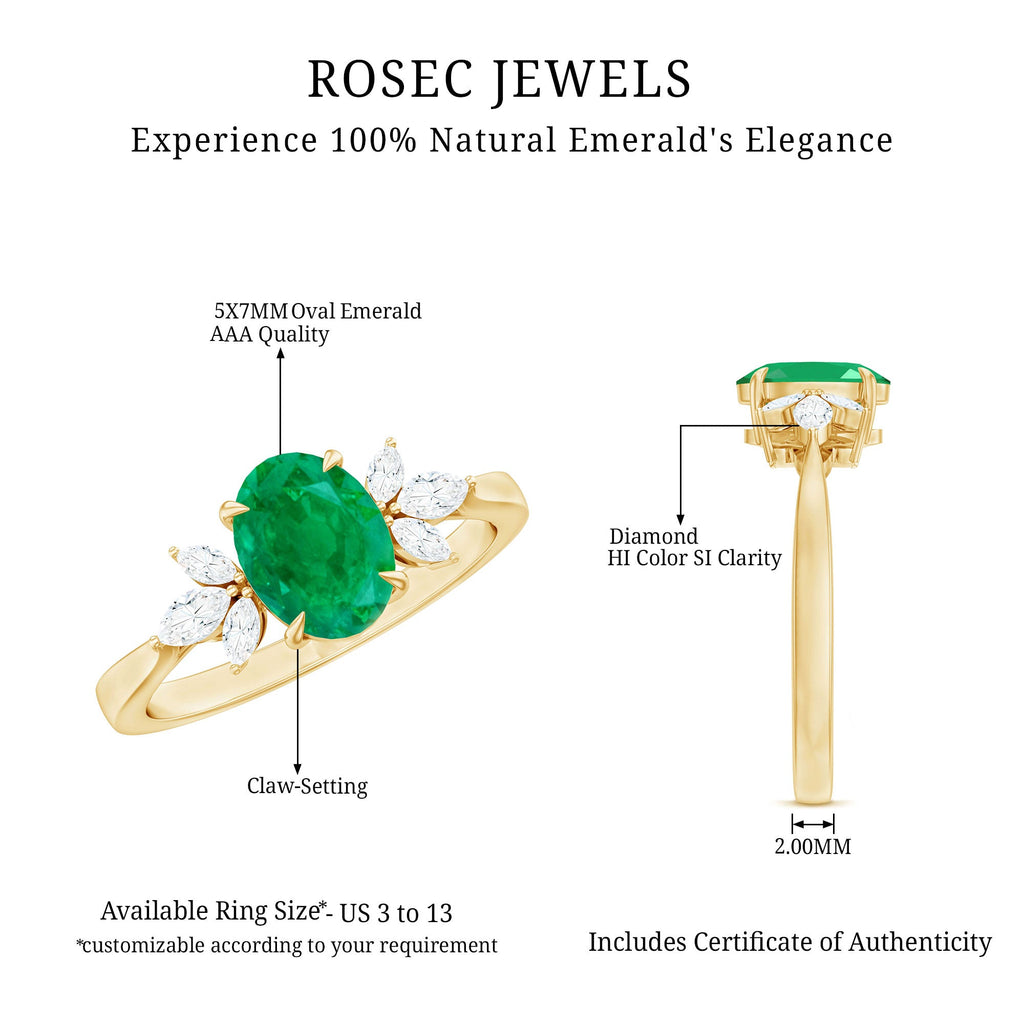 Oval Shaped Emerald Engagement Ring with Marquise Diamond Trio