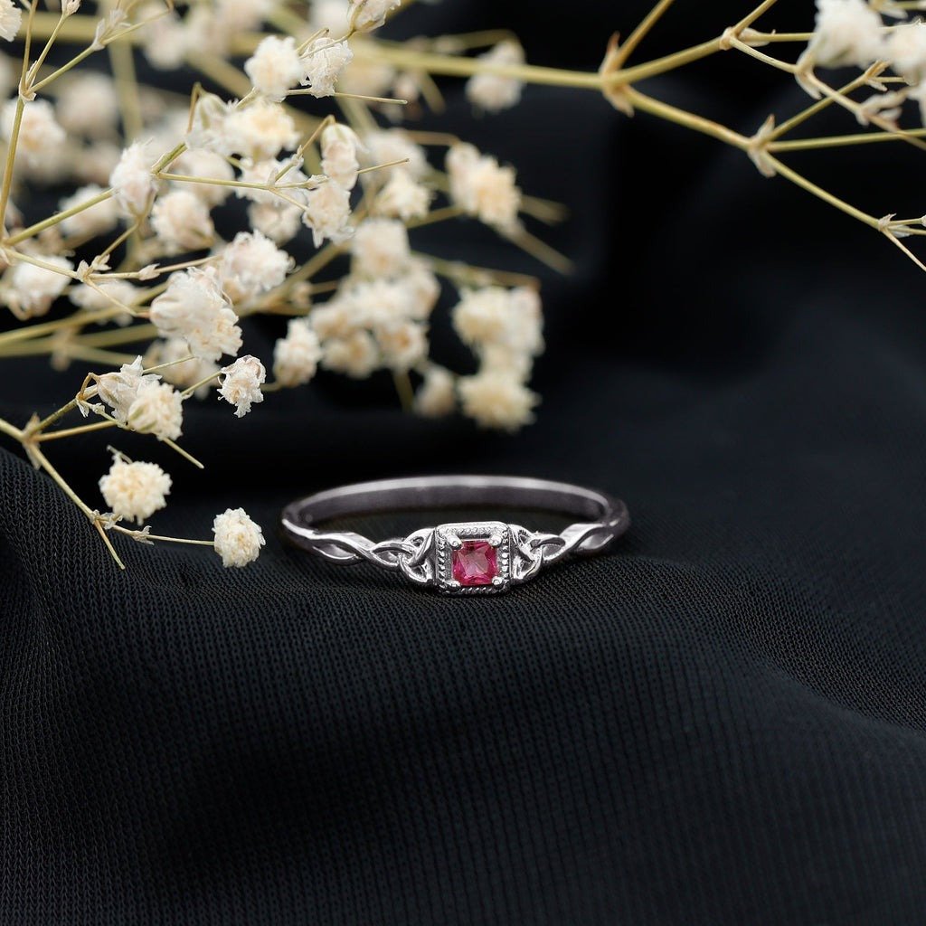 Real Princess Cut Ruby Promise Ring with Celtic Knot