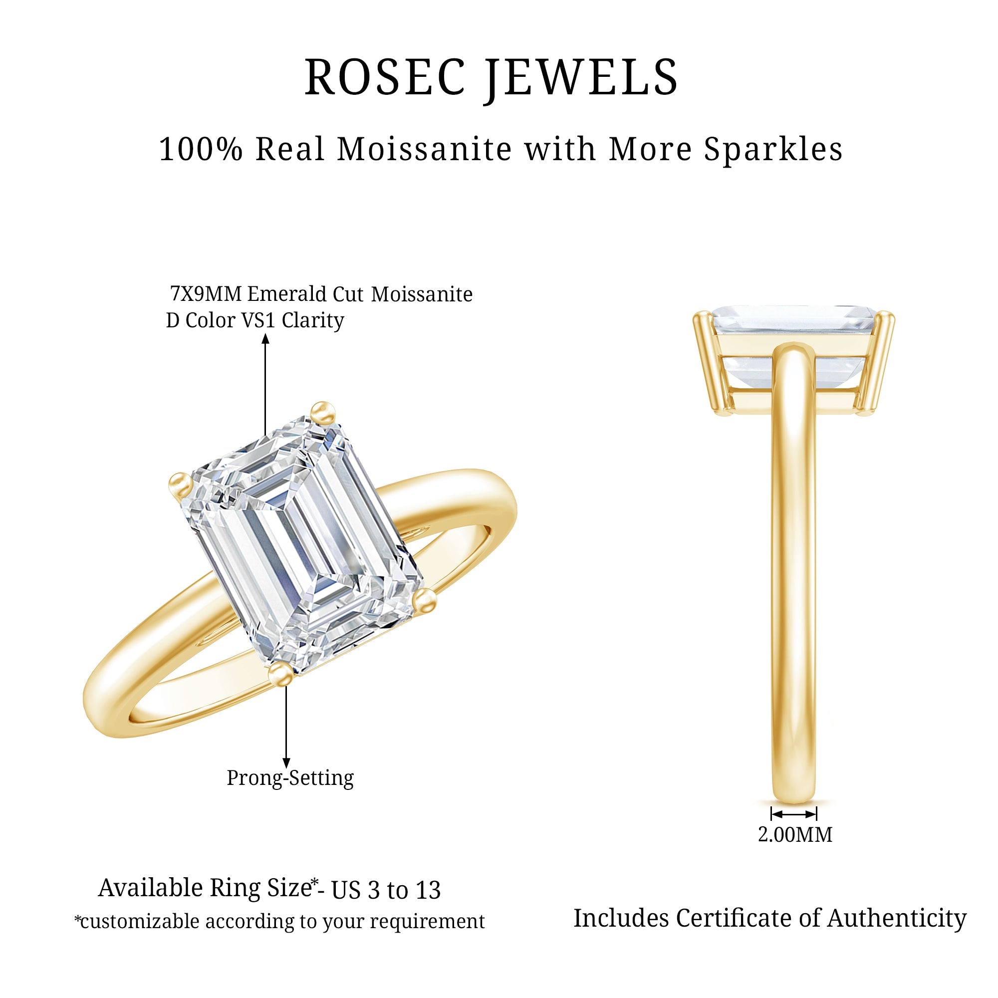 Solitaire 2.8 Carat Emerald Cut Moissanite Engagement Ring For Women