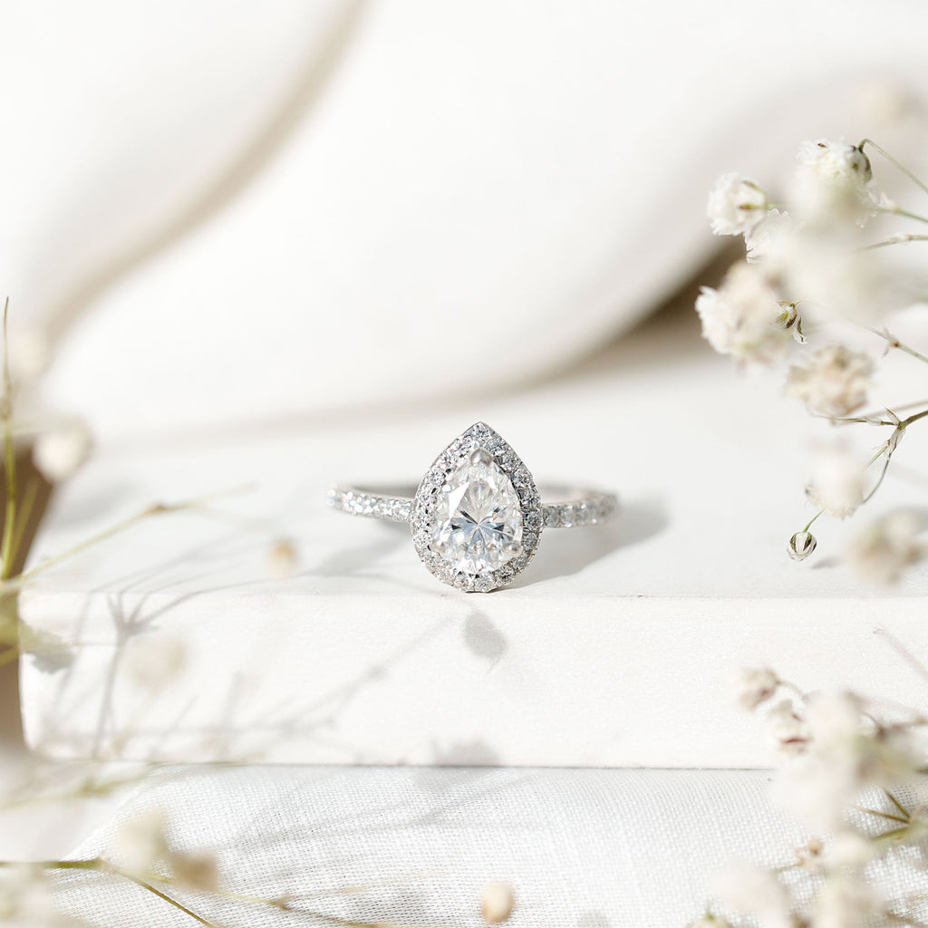 Pear Shape Moissanite Halo Engagement Ring for Women