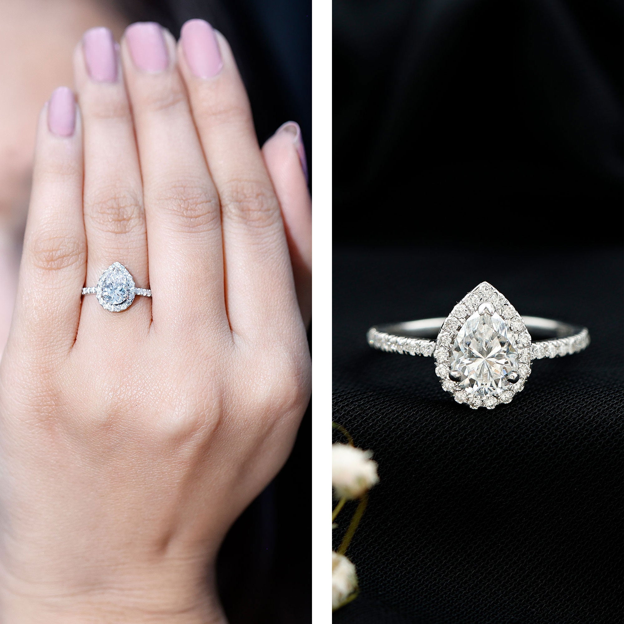 Pear Shape Moissanite Halo Engagement Ring for Women