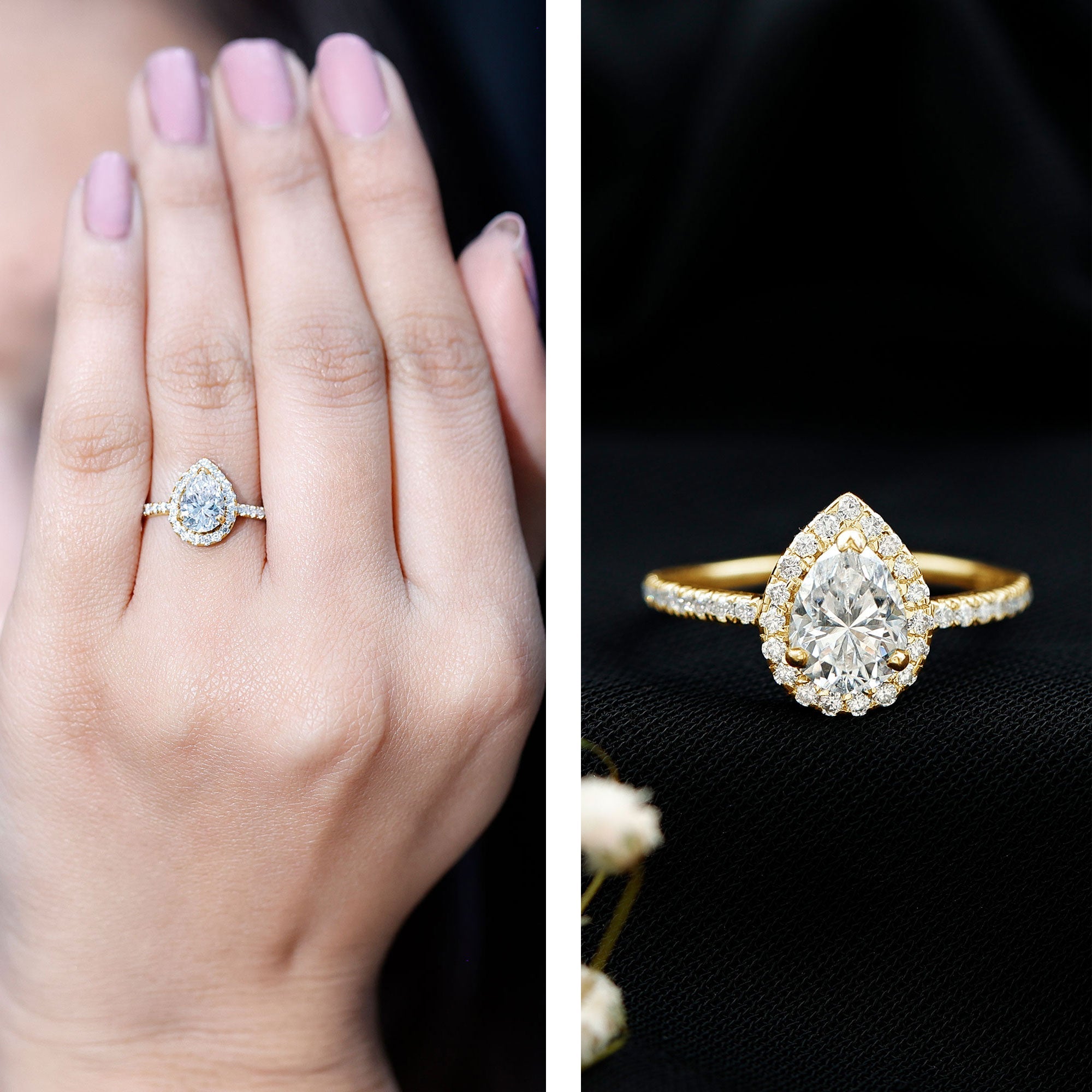 Pear Shape Moissanite Halo Engagement Ring for Women