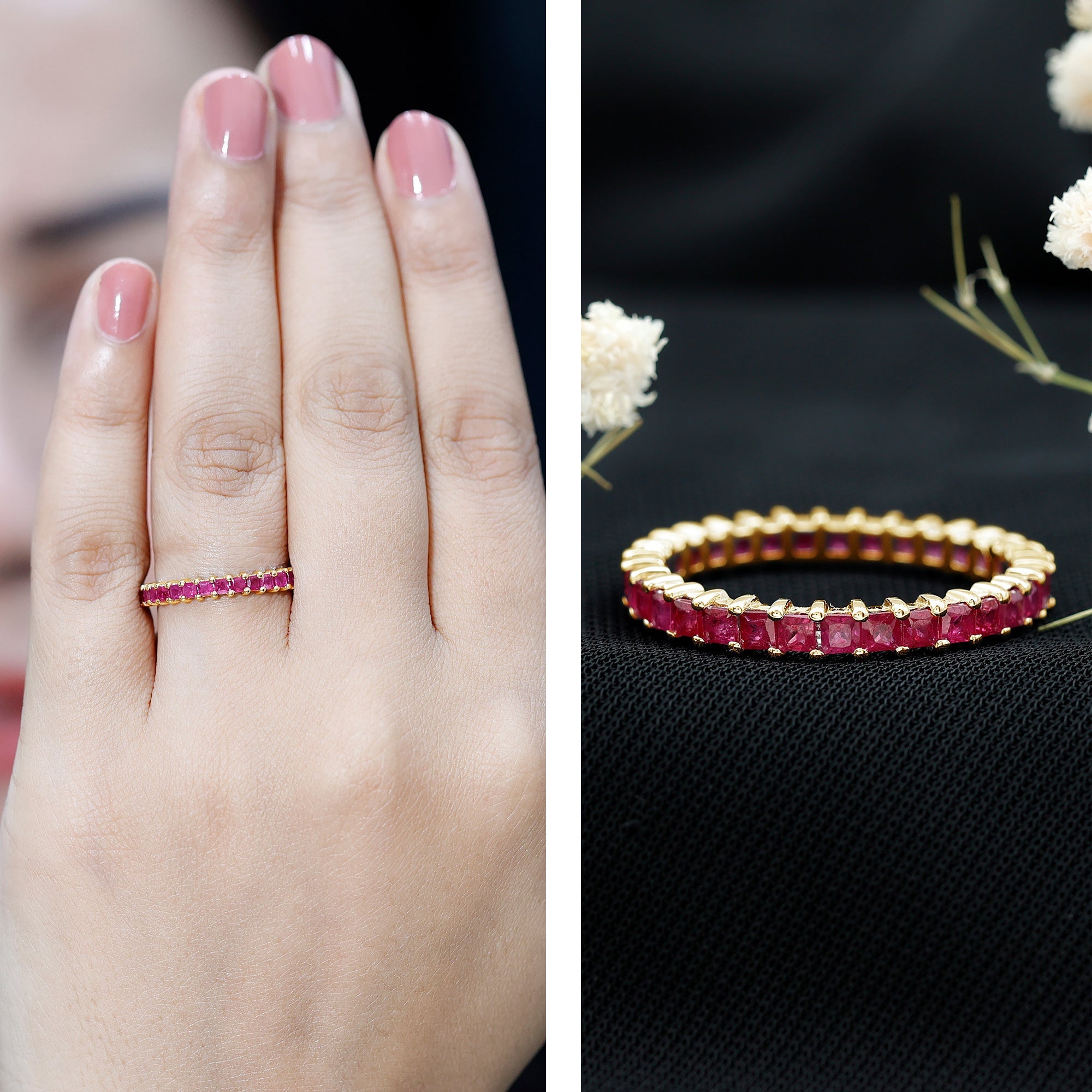 Princess Cut Ruby Eternity Ring – Thin Ruby Wedding Band in Shared Prong Setting | Real AAA Ruby