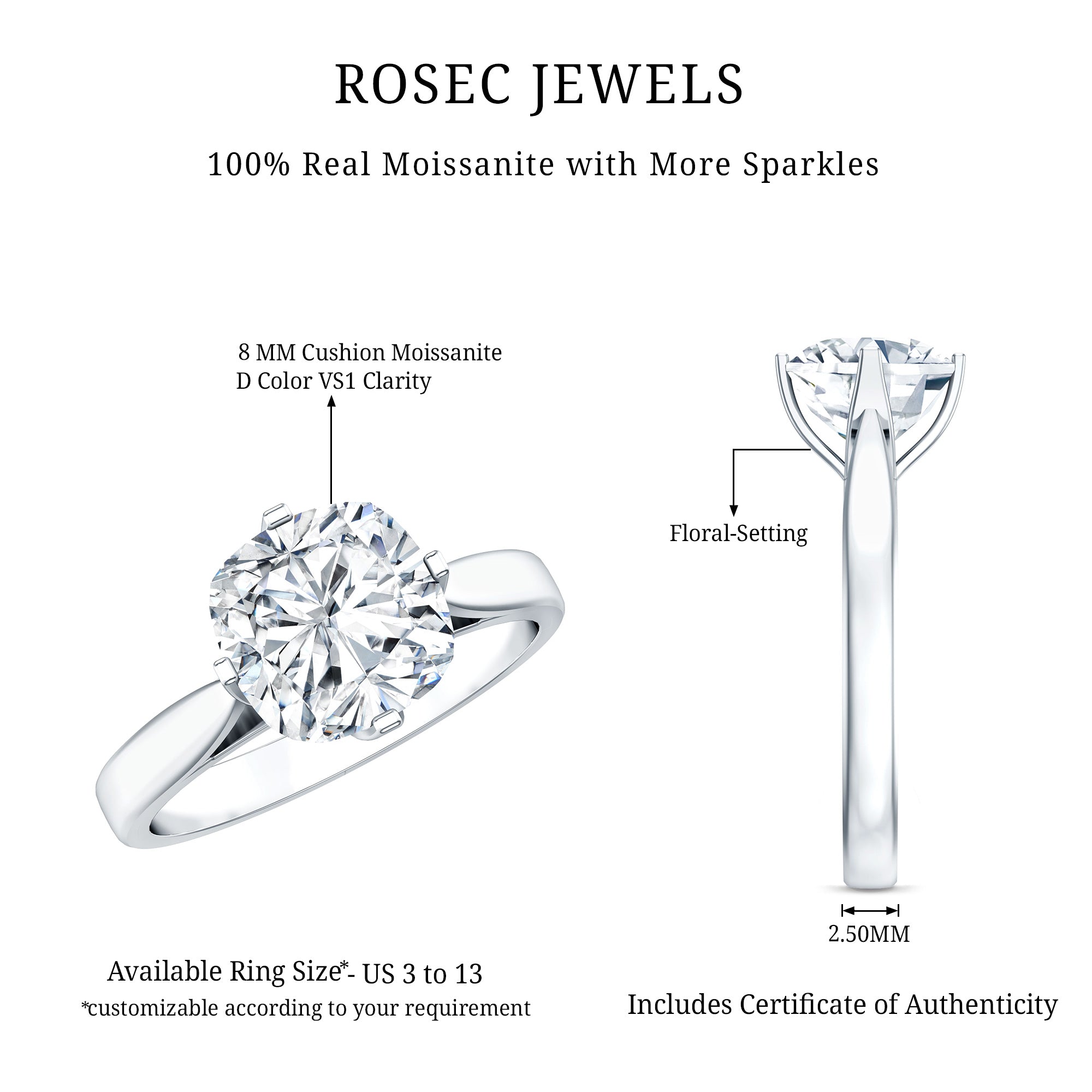 3 CT Cushion Moissanite Solitaire Engagement Ring