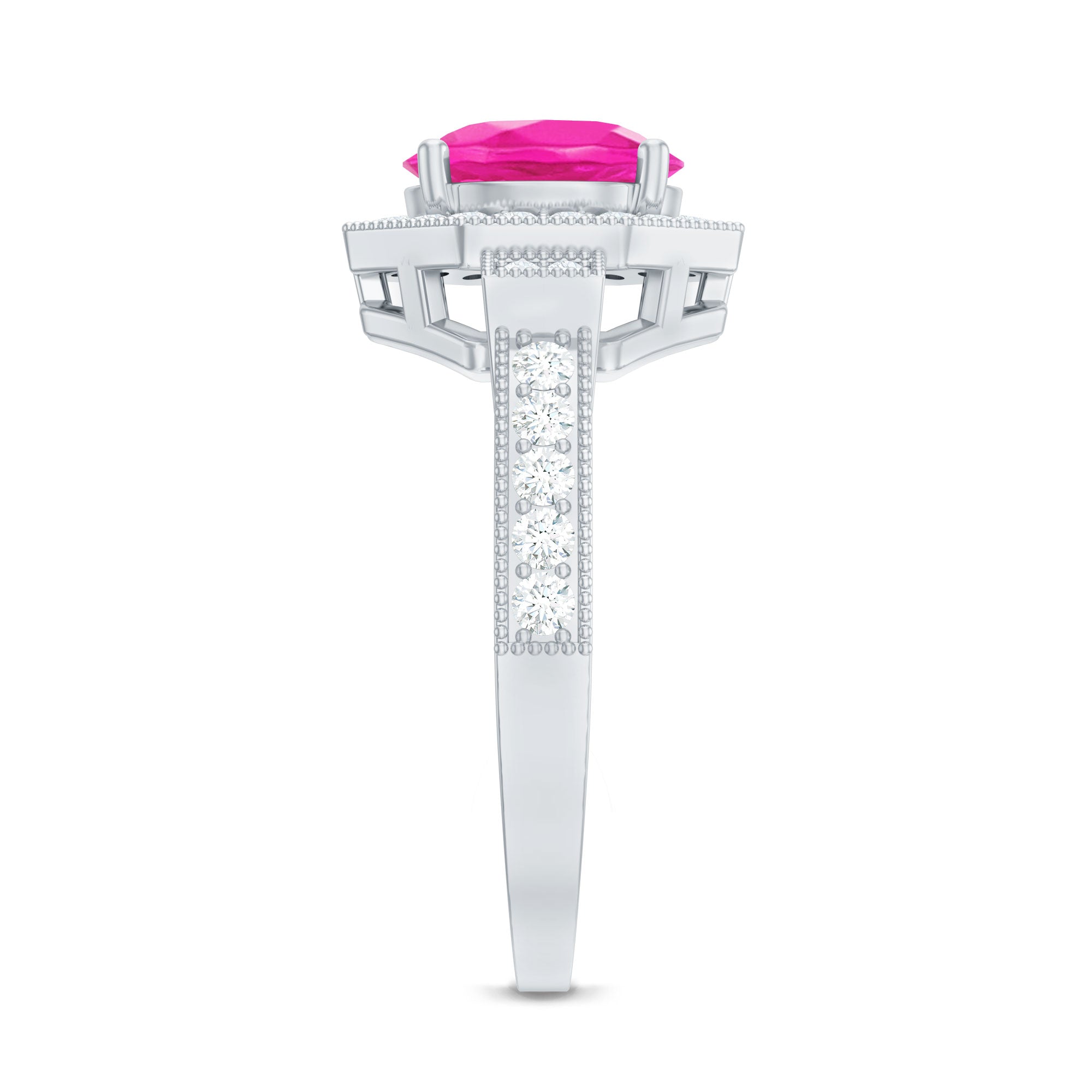 Lab Created Pink Sapphire Vintage Engagement Ring with Diamond Halo