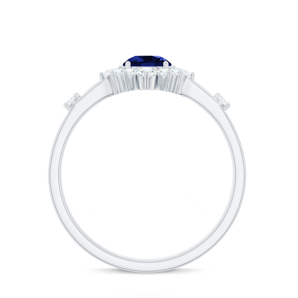 0.6 Carat Round Lab Created Blue Sapphire Classic Halo Ring with Diamond