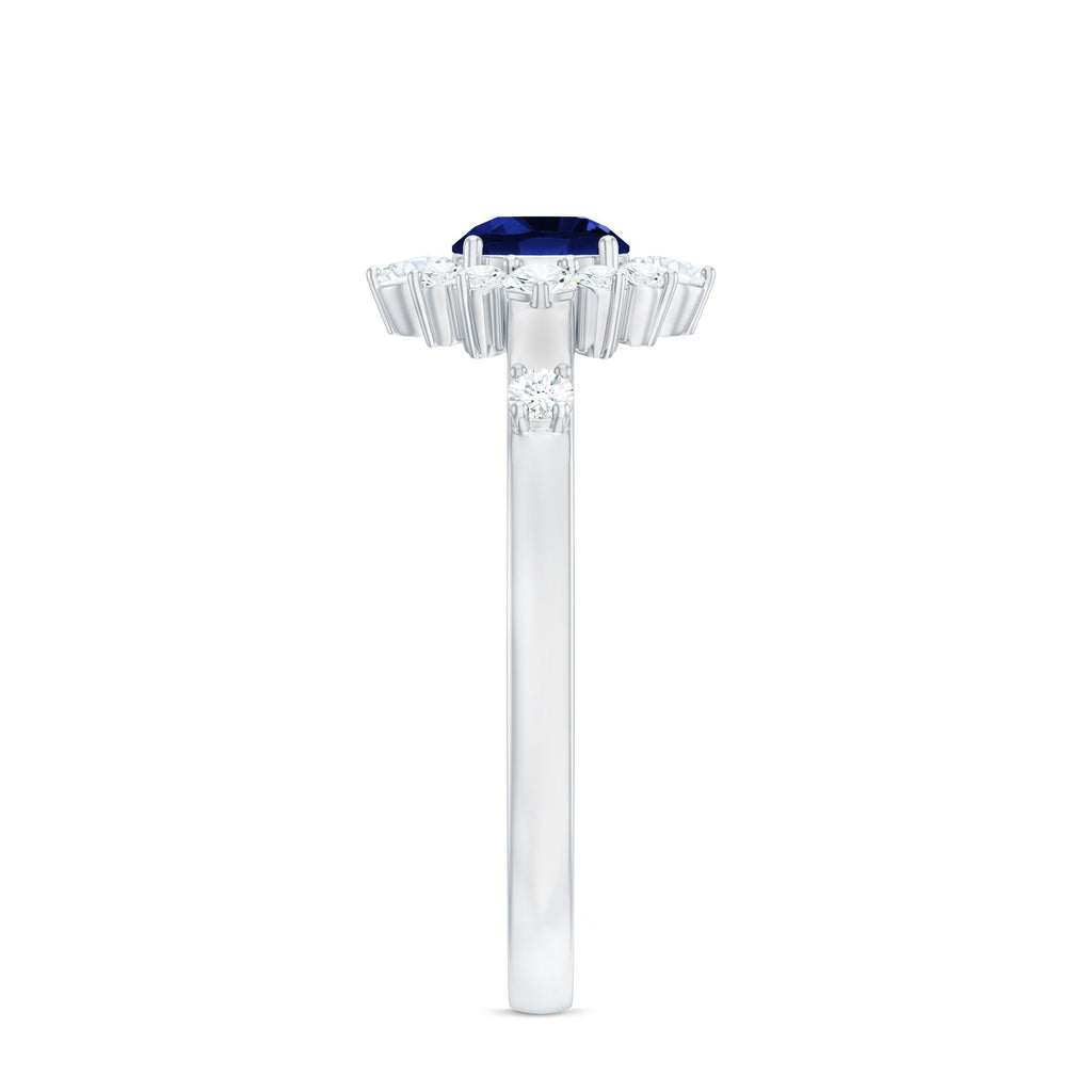 0.6 Carat Round Lab Created Blue Sapphire Classic Halo Ring with Diamond