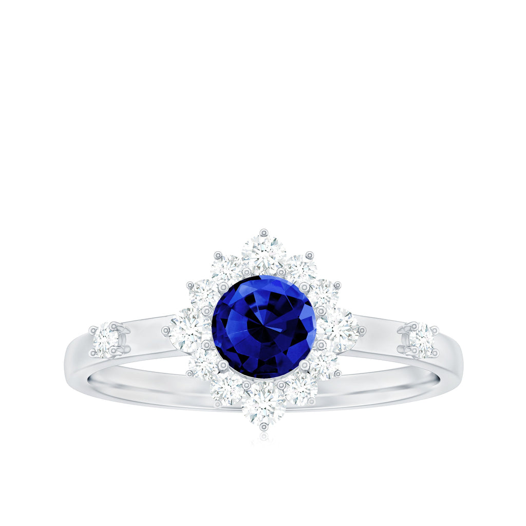 0.6 Carat Round Lab Created Blue Sapphire Classic Halo Ring with Diamond