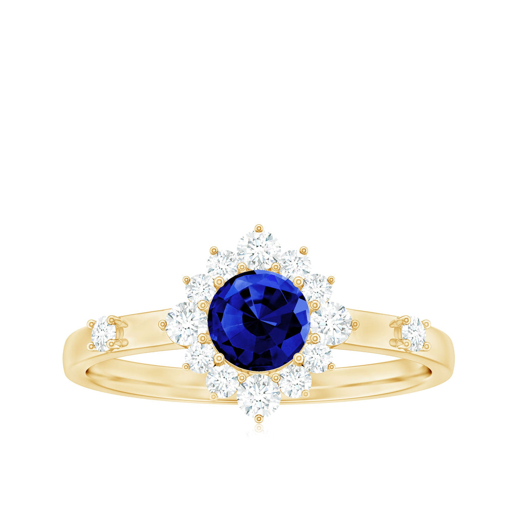0.6 Carat Round Lab Created Blue Sapphire Classic Halo Ring with Diamond
