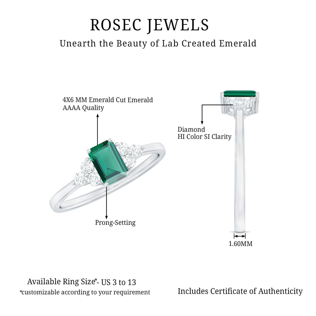 Certified Lab Grown Emerald Cut Emerald Engagement Ring with Diamond Trio