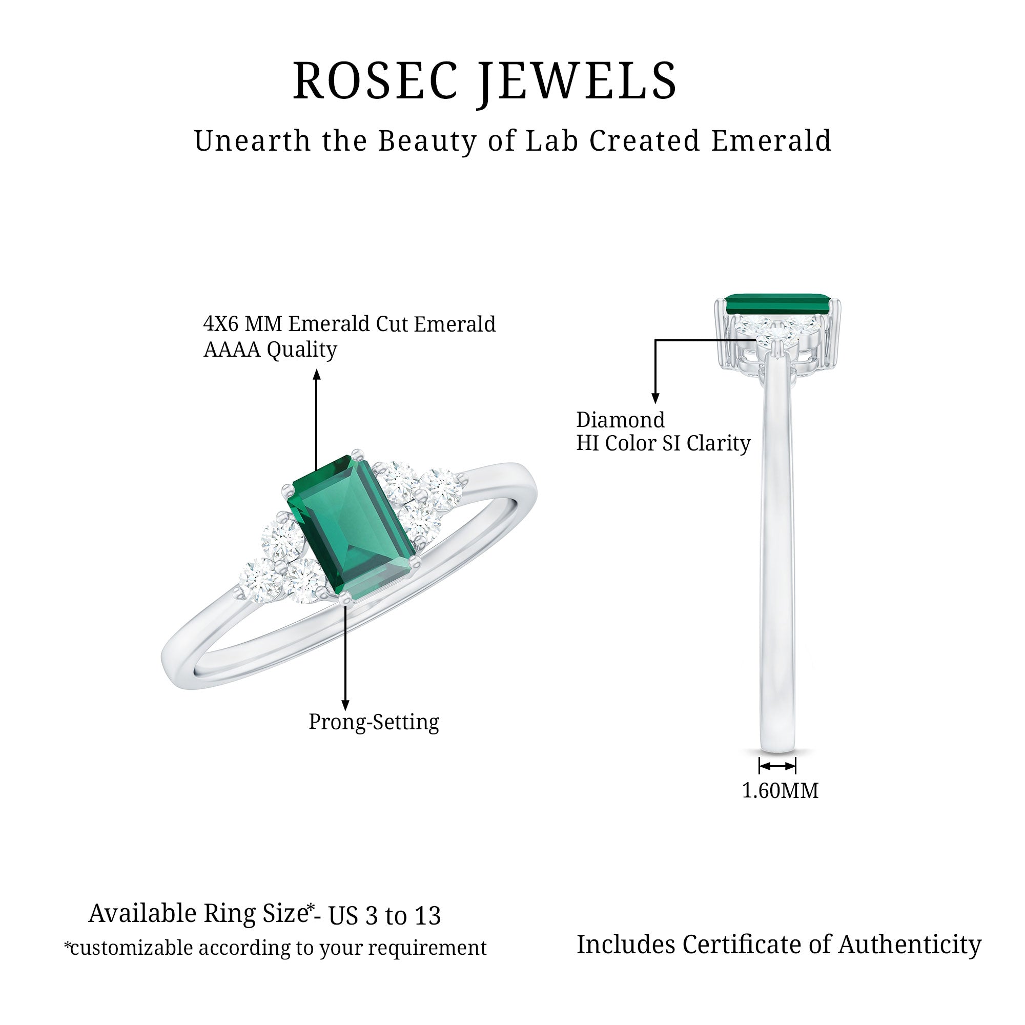 Certified Lab Grown Emerald Cut Emerald Engagement Ring with Diamond Trio