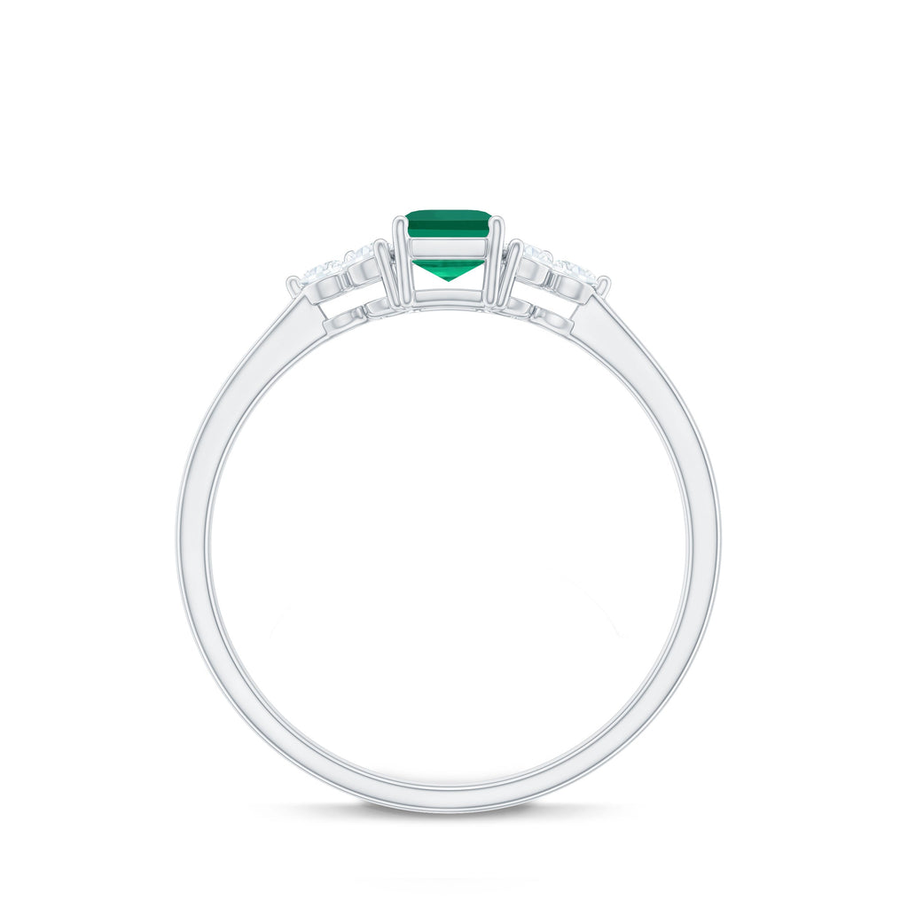 Certified Lab Grown Emerald Cut Emerald Engagement Ring with Diamond Trio