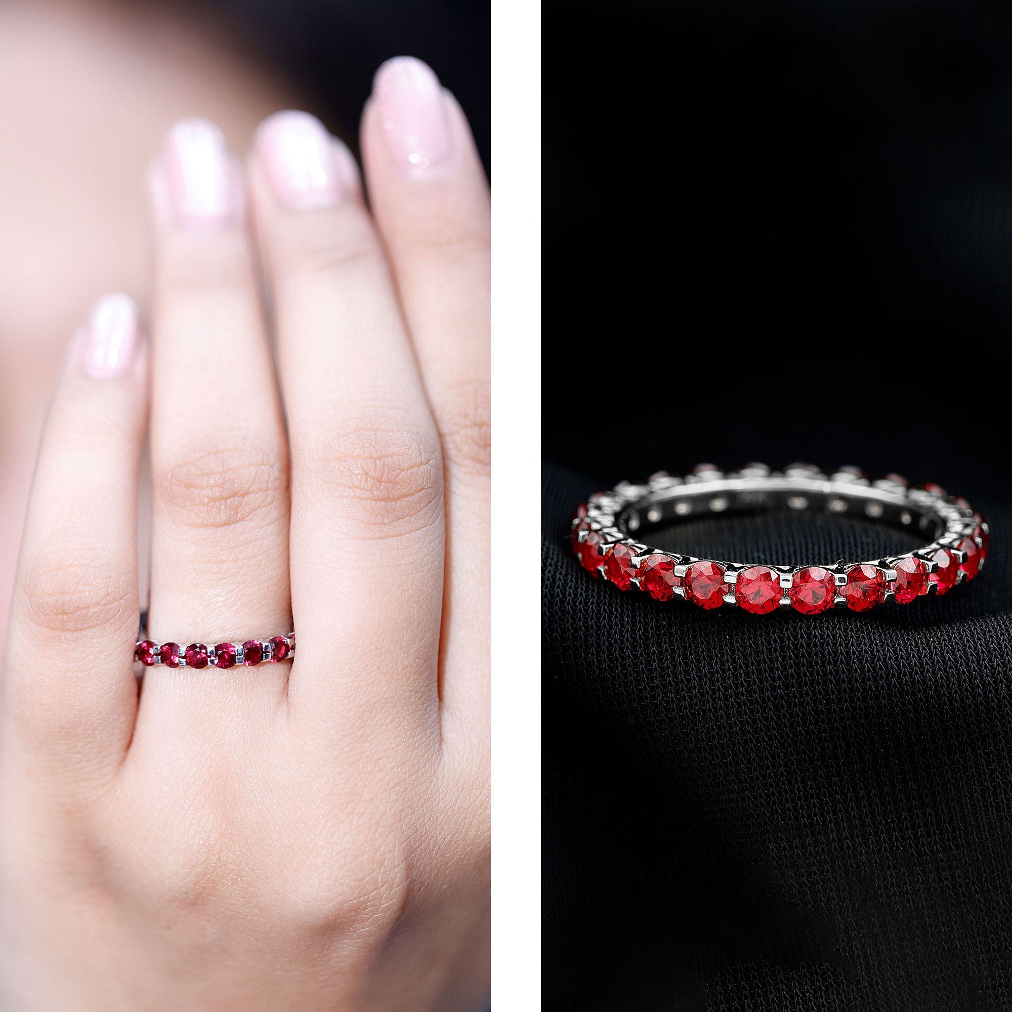 Shared Prong Set Round Created Ruby Full Eternity Band Ring