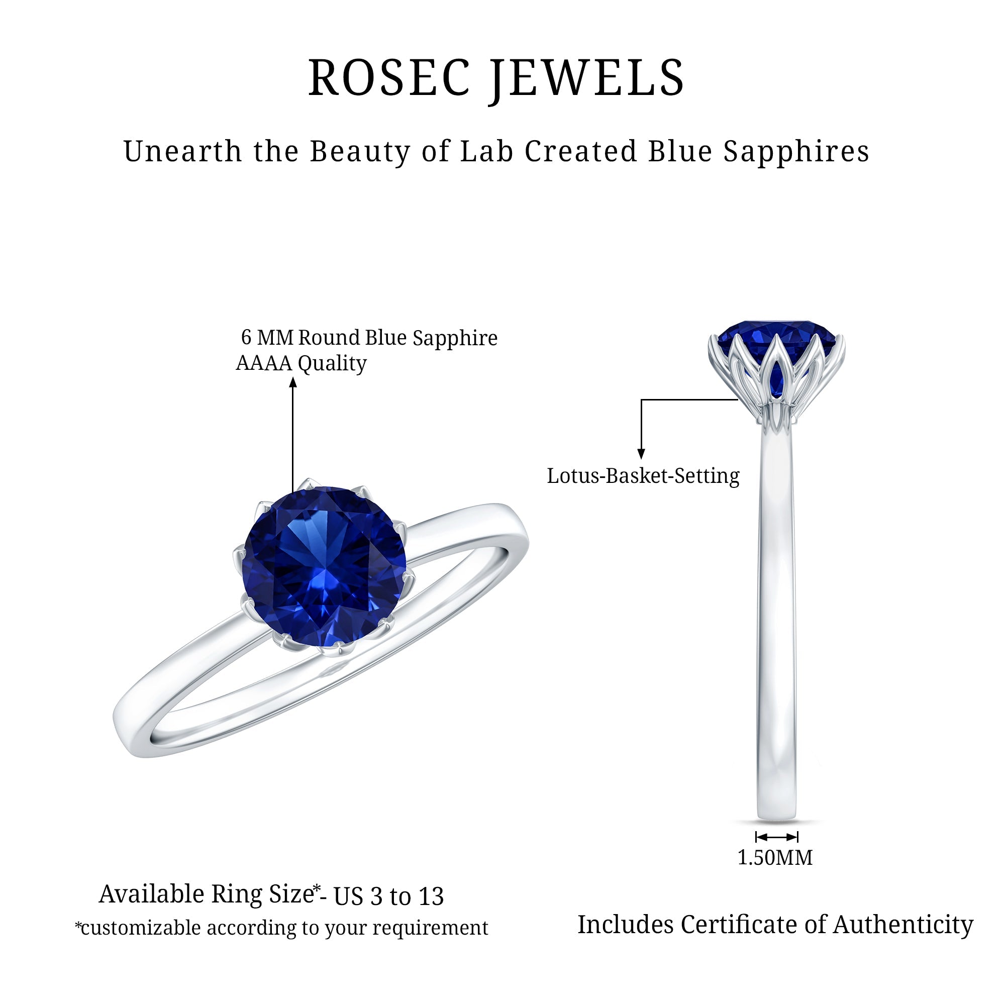 Certified 1 Carat Lab Grown Blue Sapphire Solitaire Engagement Ring