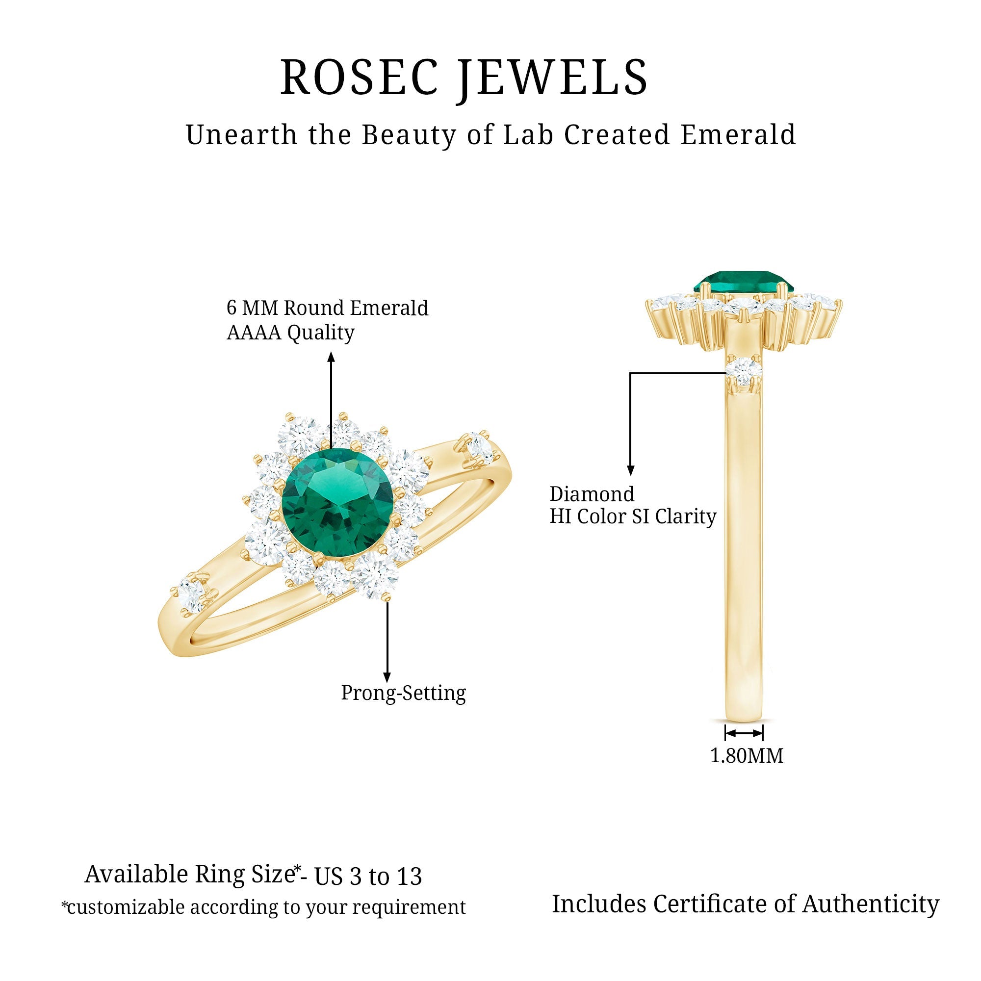 Certified Lab Grown Emerald Classic Engagement Ring with Diamond