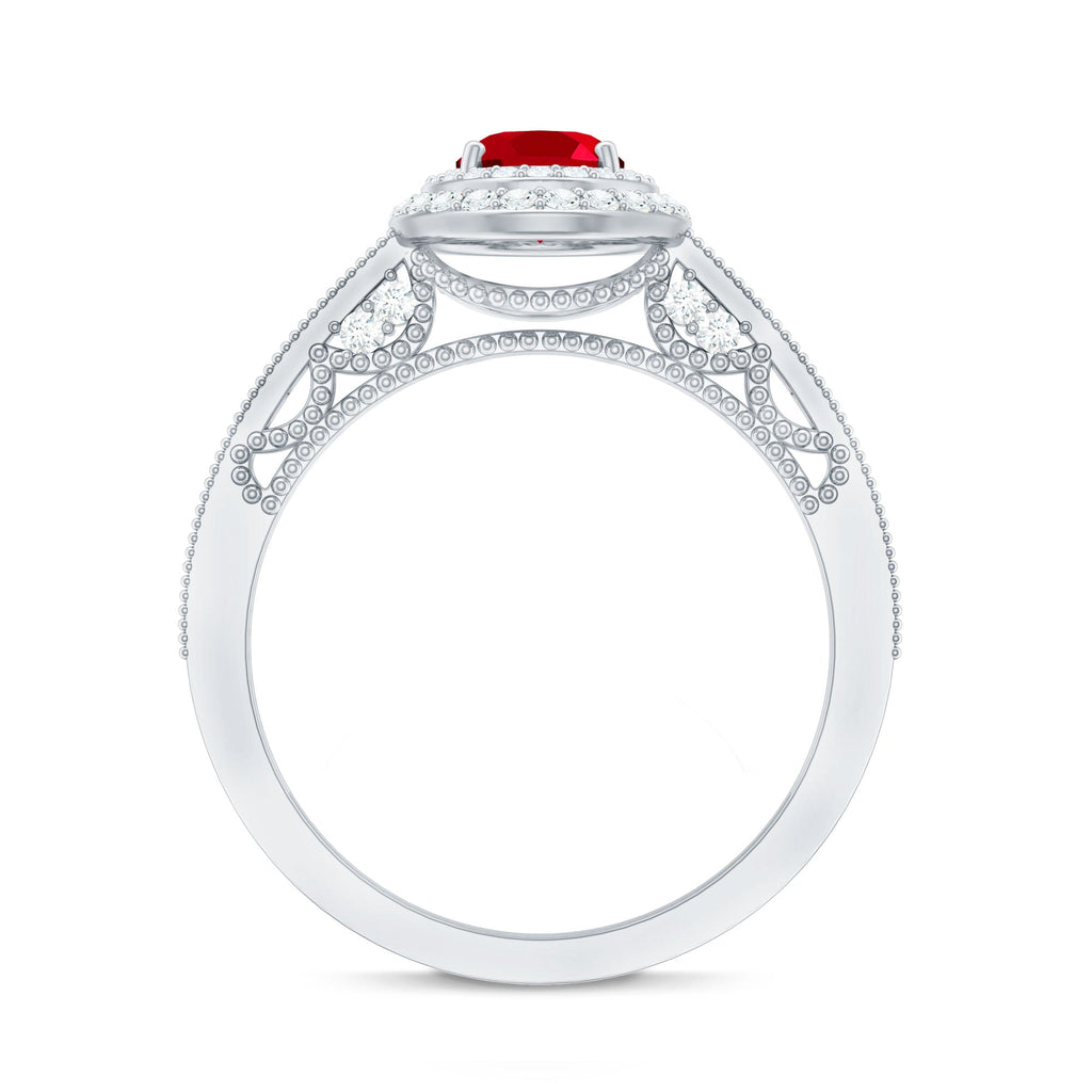 Oval Created Ruby Double Halo Engagement Ring with Diamond
