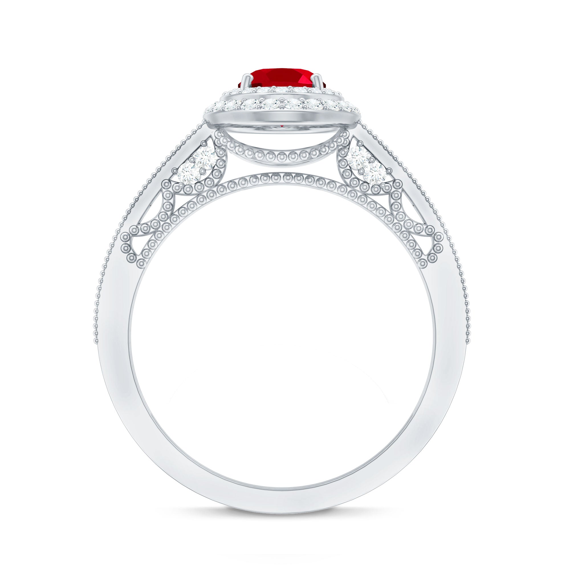 Oval Created Ruby Double Halo Engagement Ring with Diamond