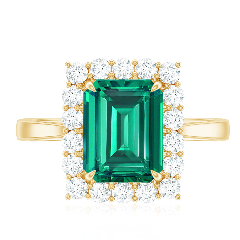 Lab Grown 2 Carat Emerald Cut Emerald Vintage Engagement Ring with Diamond Halo