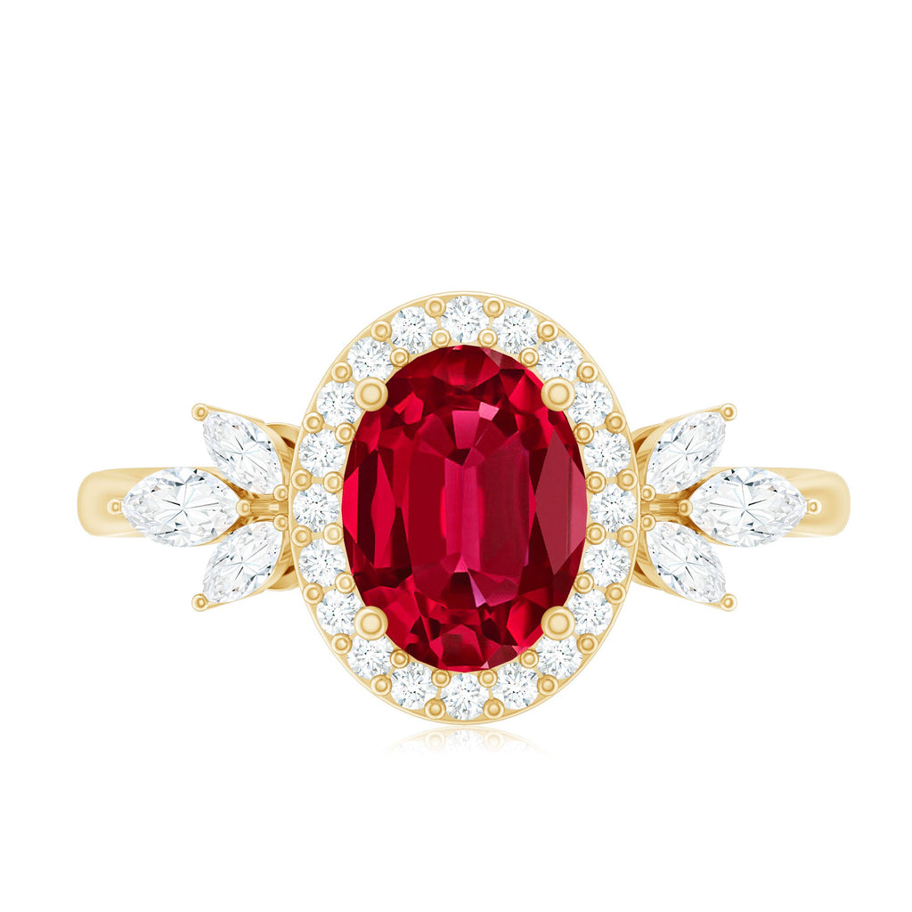 Oval Shaped Lab Created Ruby Nature Engagement Ring with Diamond Accent