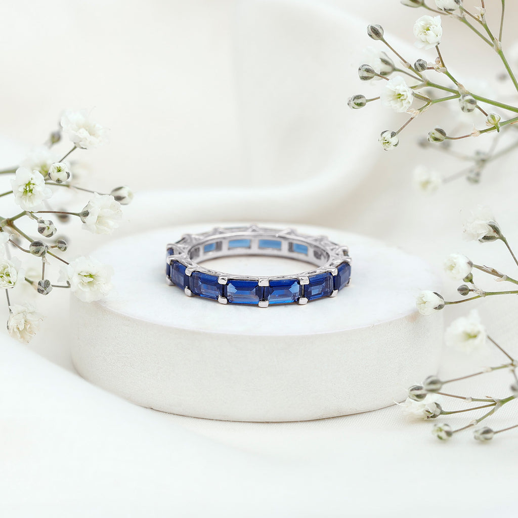 Certified Emerald Cut Lab Grown Blue Sapphire Eternity Band Ring in East West Style