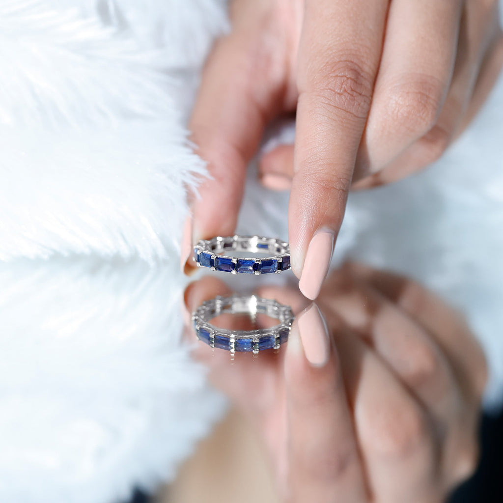 Certified Emerald Cut Lab Grown Blue Sapphire Eternity Band Ring in East West Style