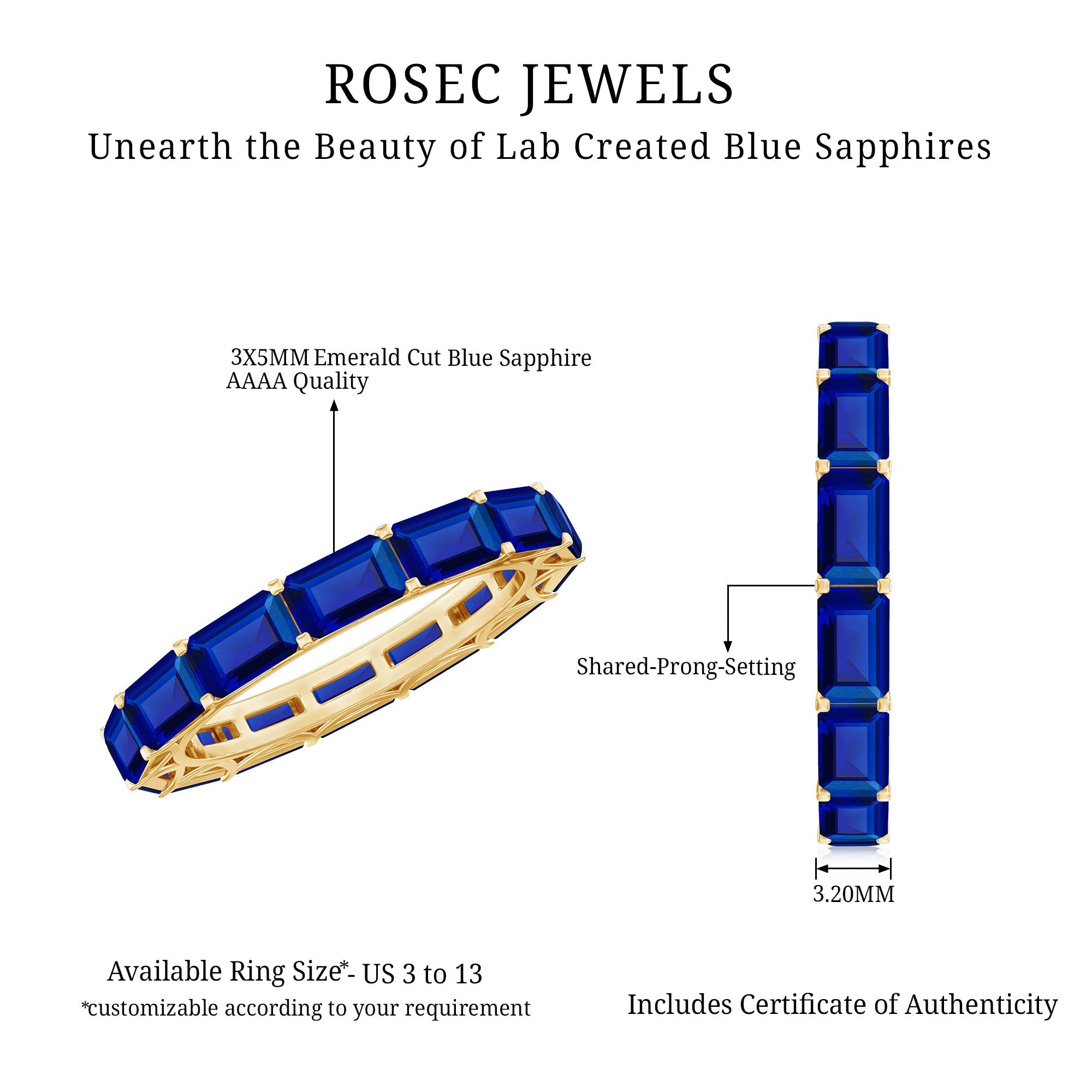 Certified Emerald Cut Lab Grown Blue Sapphire Eternity Band Ring in East West Style