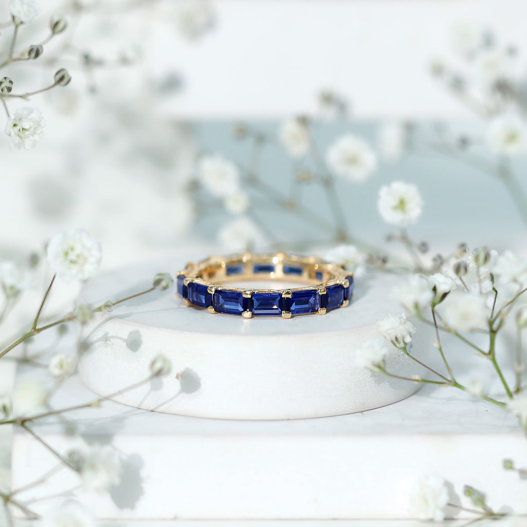 Certified Emerald Cut Lab Grown Blue Sapphire Eternity Band Ring in East West Style