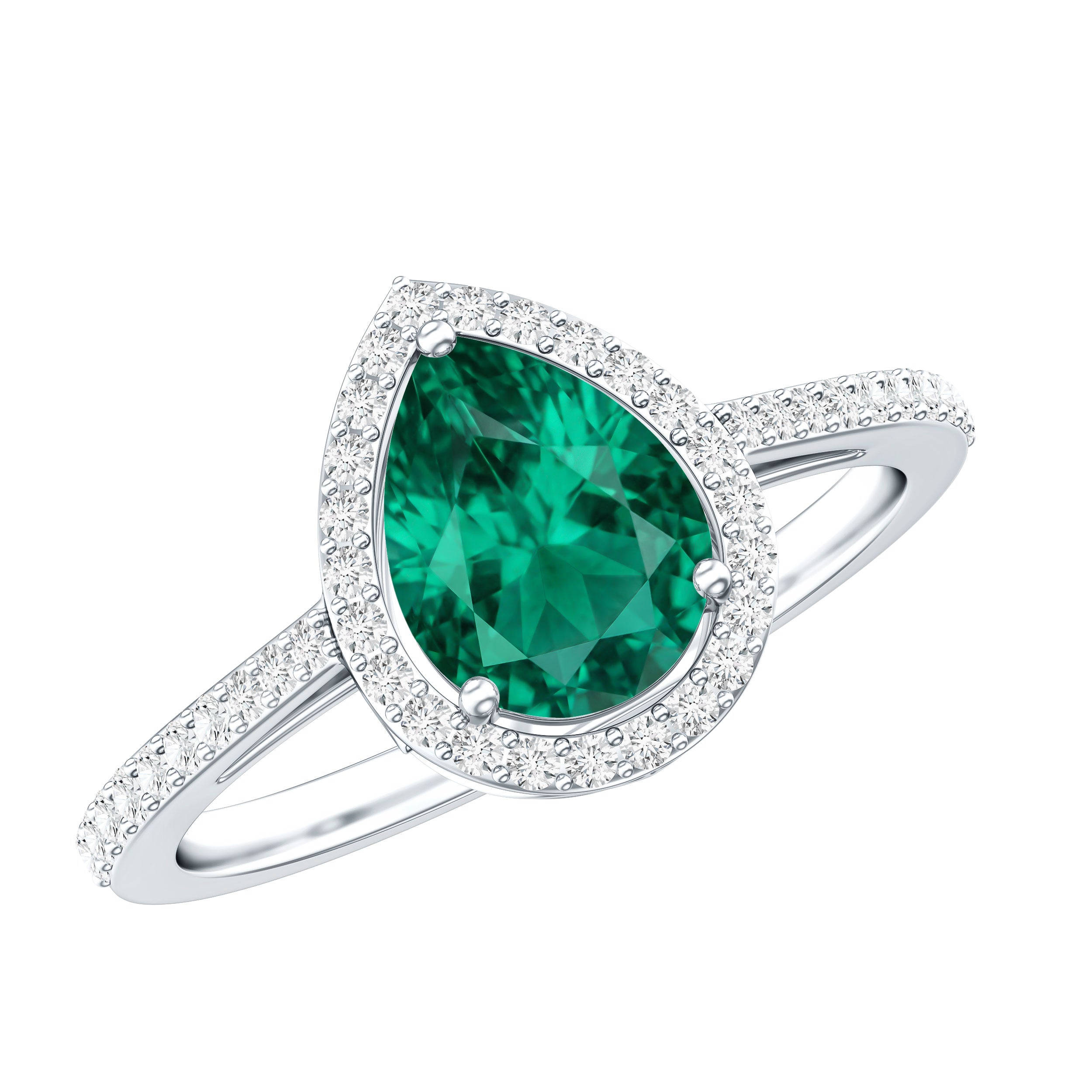 Certified Lab Grown Emerald Teardrop Engagement Ring with Diamond Halo