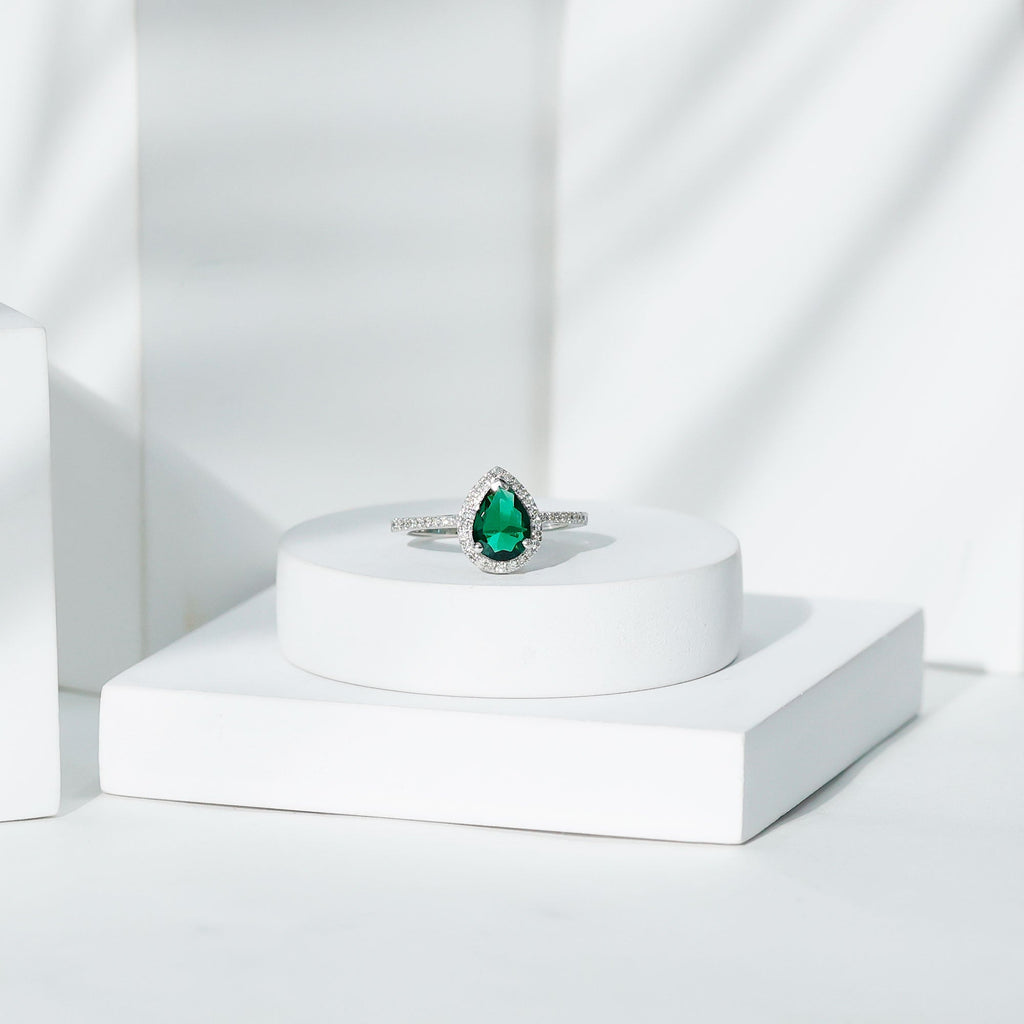 Certified Lab Grown Emerald Teardrop Engagement Ring with Diamond Halo
