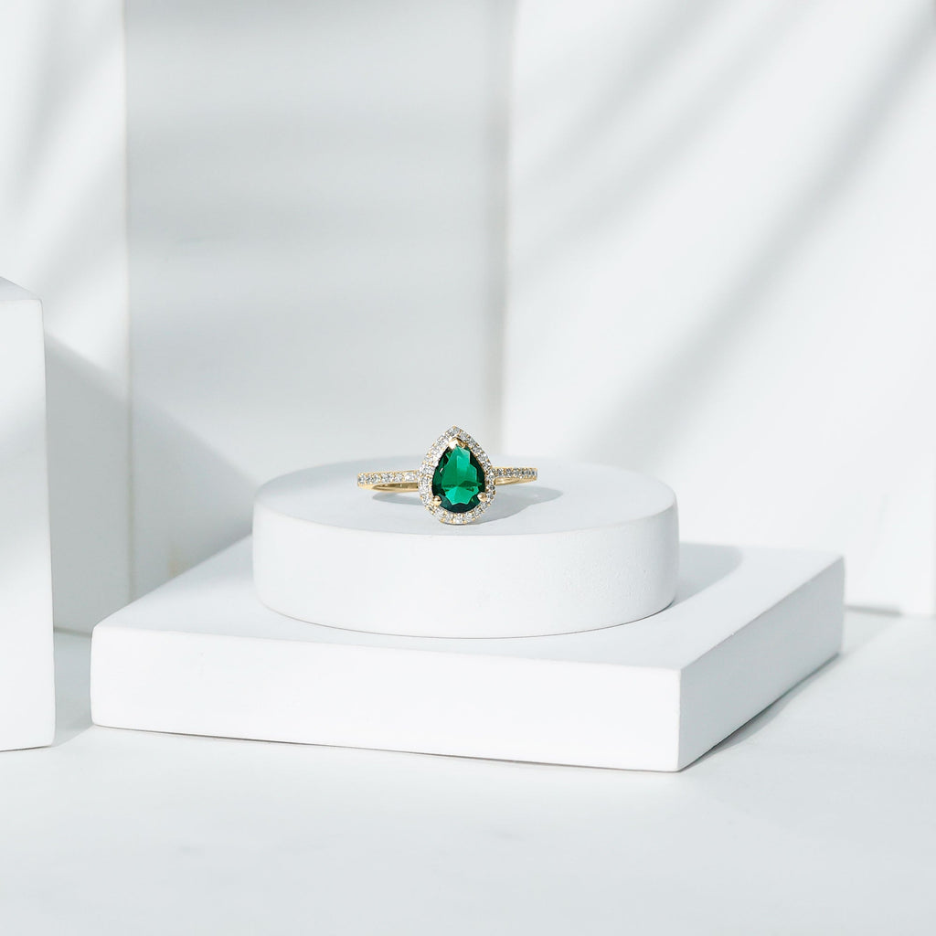 Certified Lab Grown Emerald Teardrop Engagement Ring with Diamond Halo