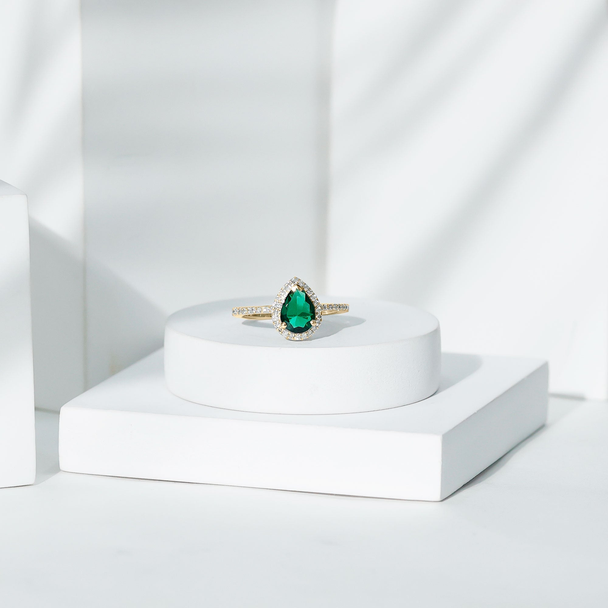 Certified Lab Grown Emerald Teardrop Engagement Ring with Diamond Halo