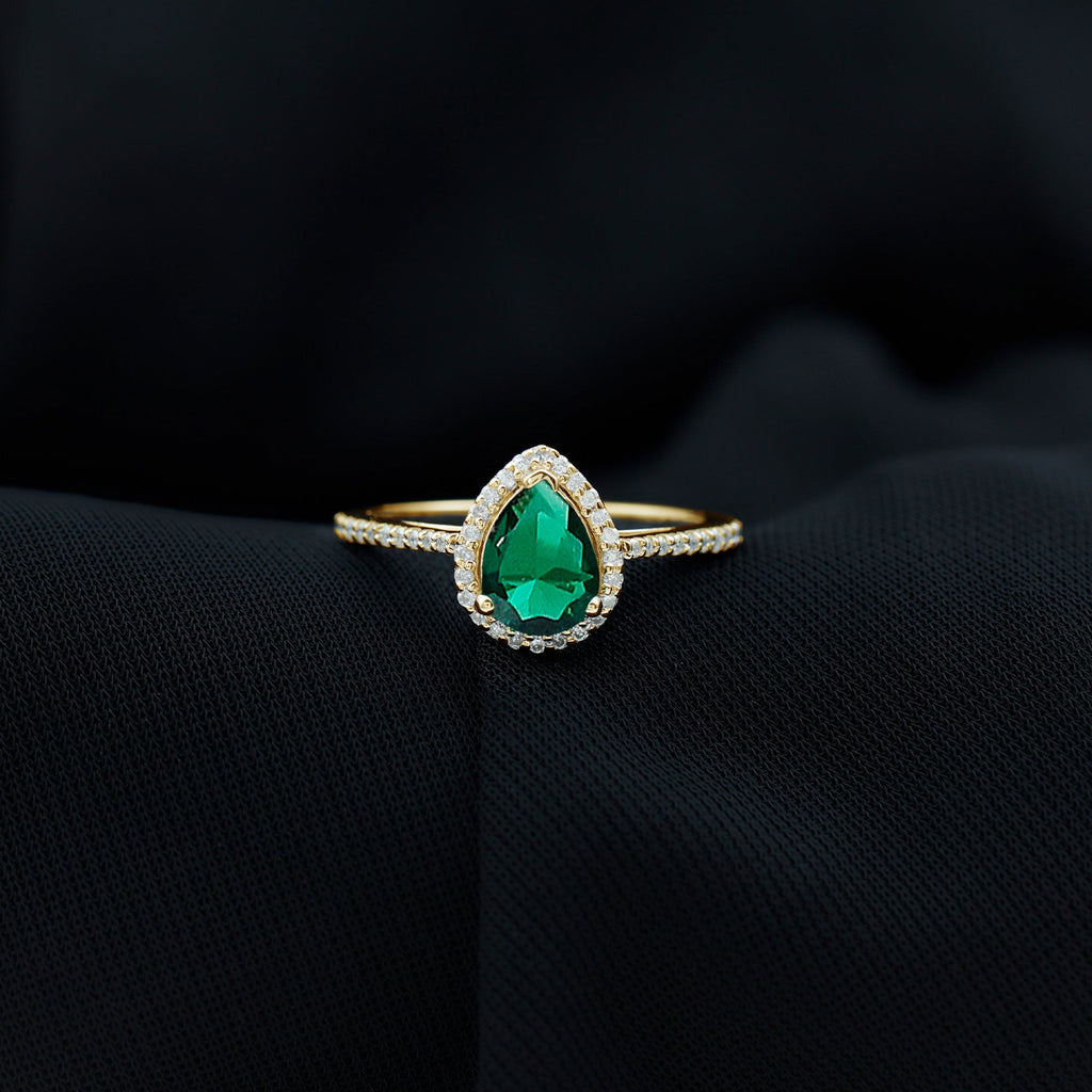 Certified Lab Grown Emerald Teardrop Engagement Ring with Diamond Halo